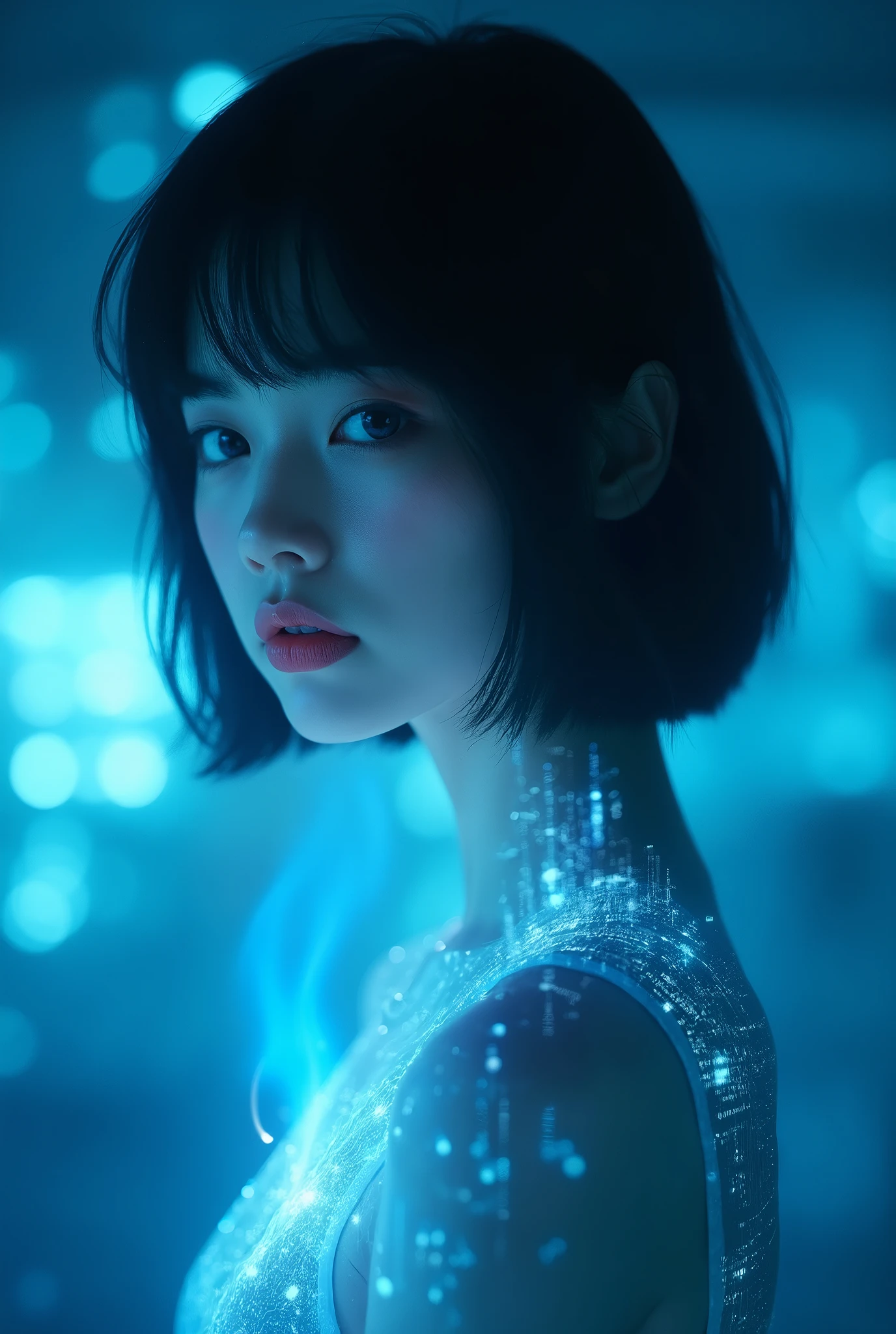 "This AI program will create an image of a girl using a fusion hologram style with a blue color scheme."