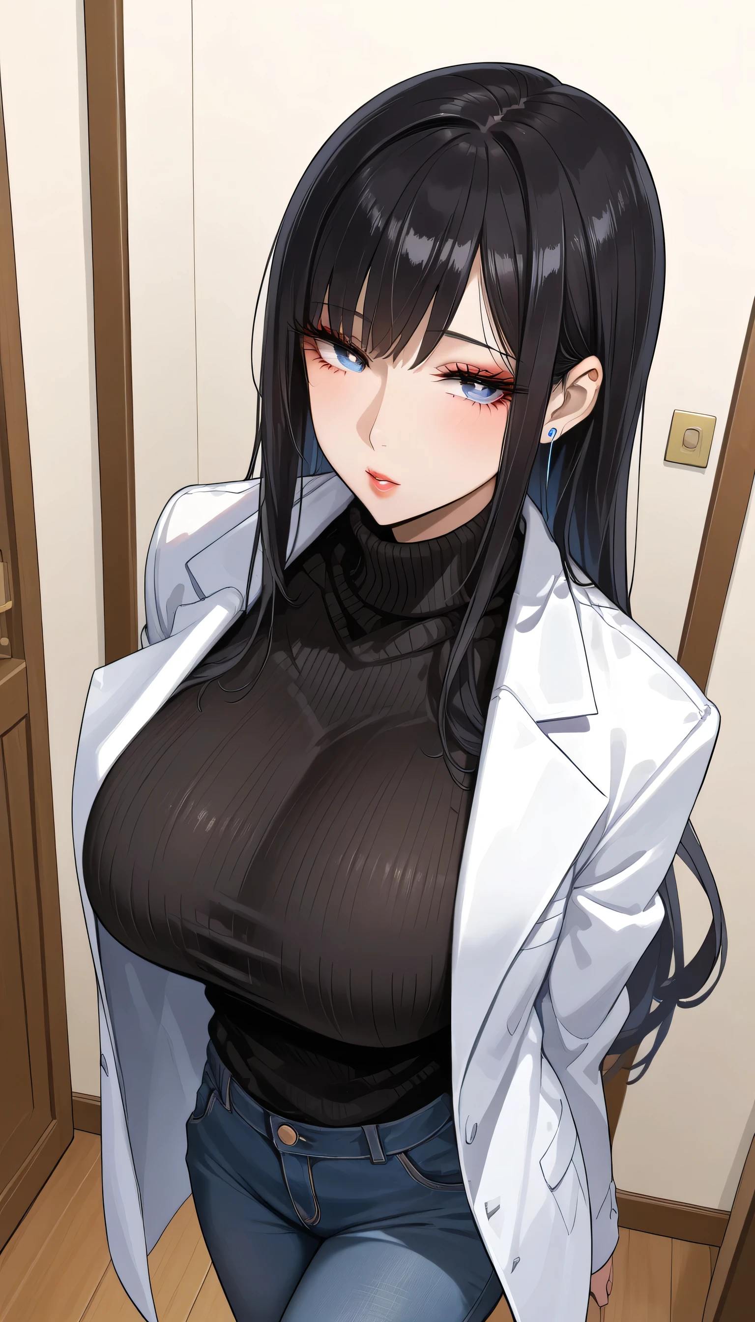  score_9,  score_8_up,  score_7_up,  source_Anime,masterpiece, best quality, BEAUTIFUL AND DETAILED EYES ,  beautiful detailed lips,  very detailed eyes and faces, long breasts, 1 female, Put on a white coat、 sweater under a white coat,  black sweater 、Black Skinny、 long pants  , Big saggy breasts, shockingly  Big Breasts ,  Big Breasts , room,  No Emotion 、 zitales,  taken from above、バストup、makeup、 no makeup、 black hair、 long hair、 zitales、A tired face、Sleepy face