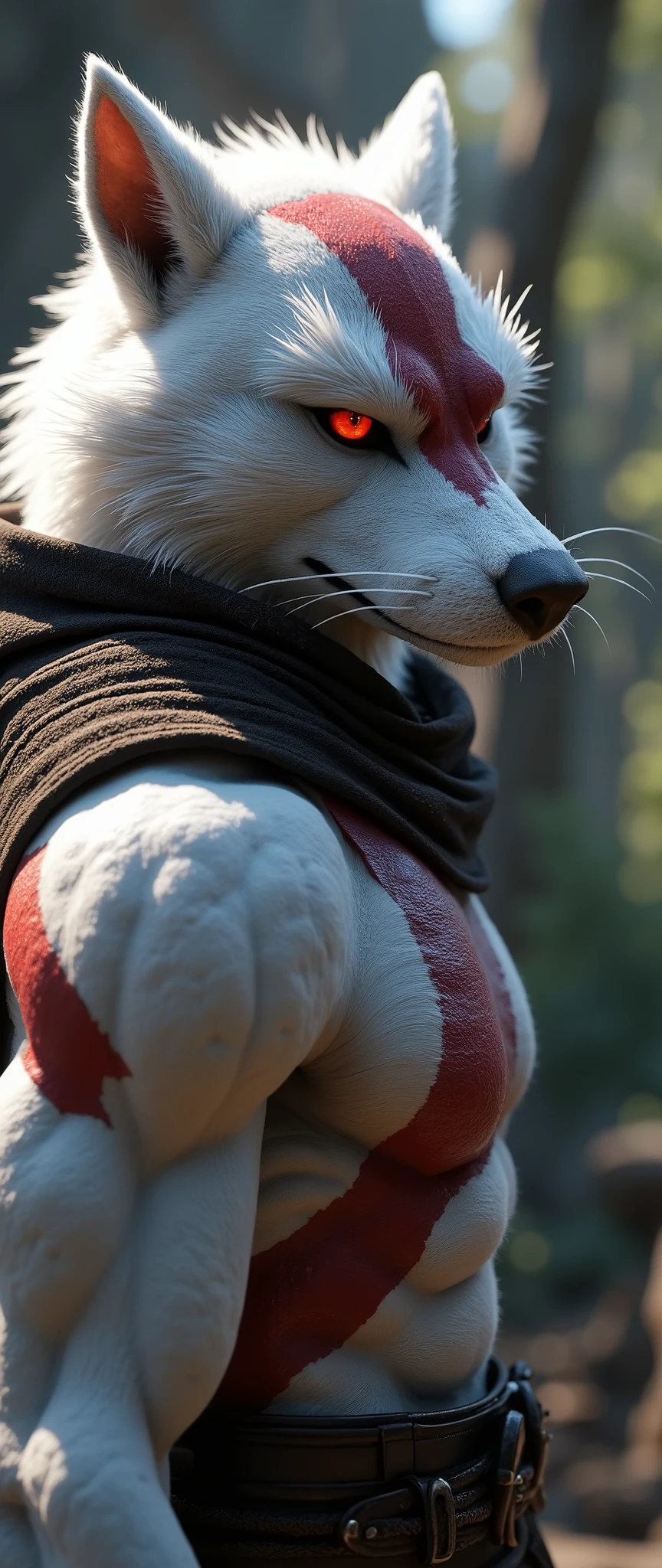 High quality, masterpiece, digital media (artwork), ultra-high resolution, highly detailed fur and face, focusing on a solo furry male. Intricately detailed eyes with bright red pupils and white sclera, illuminated by volumetric lighting for an amazing, atmospheric effect. Cowboy shot capturing the character from the back, wearing a cloak that drapes over his muscular upper body. White fur, with a striking red scar, showcasing finely detailed textures. A bright, intense atmosphere with vivid lighting. Styled in the epic, gritty aesthetic of God of War (2005), emphasizing the character’s strength and fierce presence.