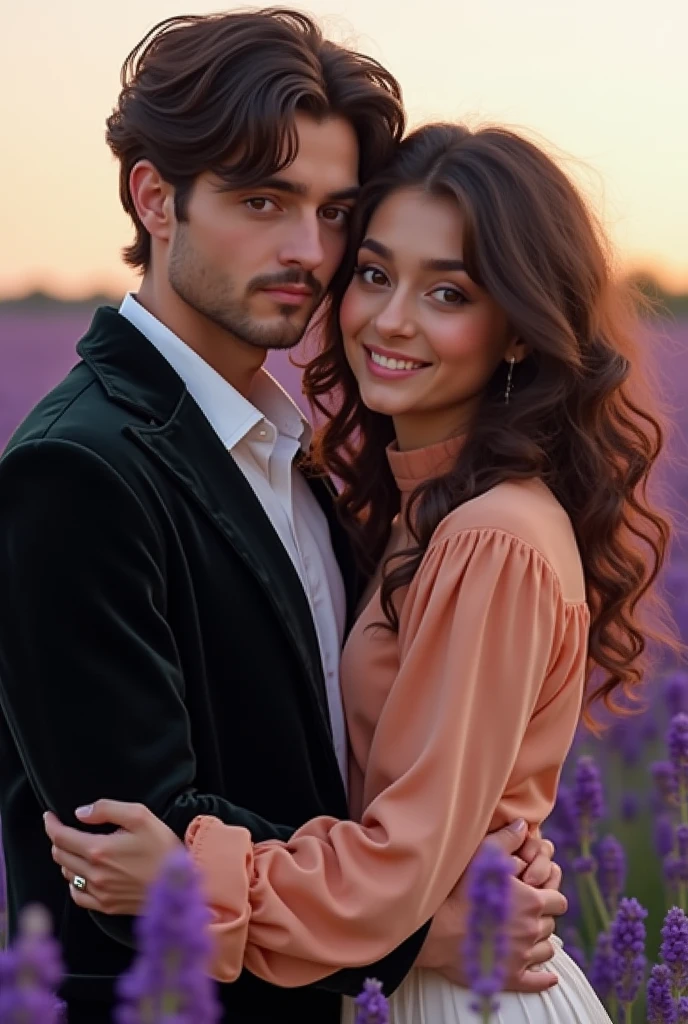  Create a realistic image of a guy with a round face and black hair ,  dressed in a white shirt and a black velvet jacket ,  who gently hugs a girl in a delicate peach blouse with curly light chocolate long hair.  They both smile softly . The background is a lavender field .  They are of European appearance .
