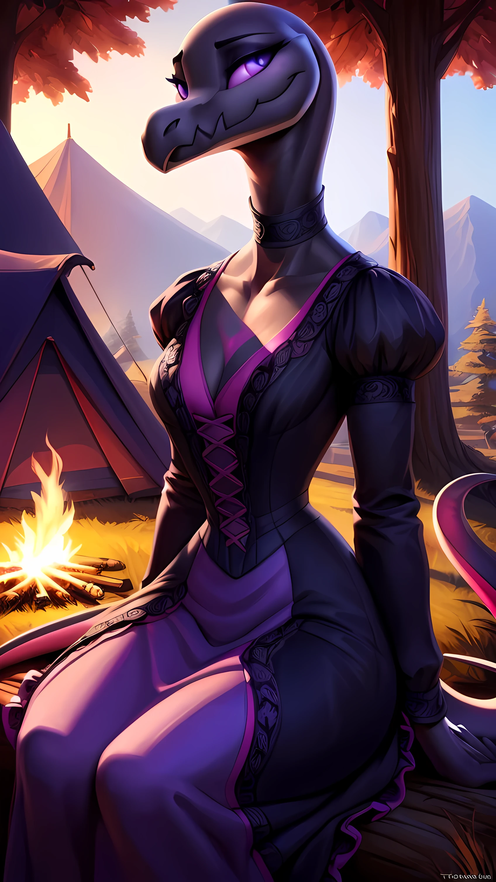 uploaded on e621, ((Salazzle)) by Pixelsketcher, by Bayard Wu, by Thomas Benjamin Kennington , by Einshelm, anthro, ((full body focus)), BREAK, ((dress:1.2)),wearing black victorian dress, long flowing dress, long sleeve victorian dress, dress flowing down past knees, black choker, (detailed Bonifasko lighting), (detailed scales), (detailed skin), (female Salazzle), BREAK, ((facing viewer)), (cinematic lighting), ((detailed background)), ((full body portrait view)), (((portrait view))), (half body shadow), [backlighting], [crepuscular ray], [detailed ambient light], [gray natural lighting], [ambient light on the belly], (higher wildlife feral detail), [sharp focus], (shaded), ((masterpiece), natural breasts, medium breasts, furry Salazzle, reptilian face, furry Fantasy Art, furry Art, Commission for High Res, anthro Art, POV furry Art,Sakimichan beautiful, masterpiece, best quality, detailed image, bright colors, detailed face, perfect lighting, perfect shadows, perfect eyes, girl focus, purple eyes, flawless face, reptilian girl, scales, scaled woman, colorful scales, gaze at the viewer, half-closed eyes, 1girl, full body, (masterpiece:1.21), (best quality:1.2), (illustration:1.2), (cinematic lighting:1.3), detailed scales, balanced coloring, global illumination, ray tracing, good lighting, scales, anthro, looking at viewer, short neck, (full body shot of woman in camp, sitting next to a campfire, tents in background), submissive, outside, camp, campfire, (woman sitting outside, woman sitting in camp, woman next to campfire, woman sitting on a log), clawed hands and feet, (intricate details:1.12), (intricate details, hyperdetailed:1.15), hdr, outside, (daytime:1.2), warm light, dramatic light, cinematic, (full body:1.2), slight smile, blushing, ((black victorian dress, standing up, posing seductively, slight smile, full victorian dress, dress covering whole body))