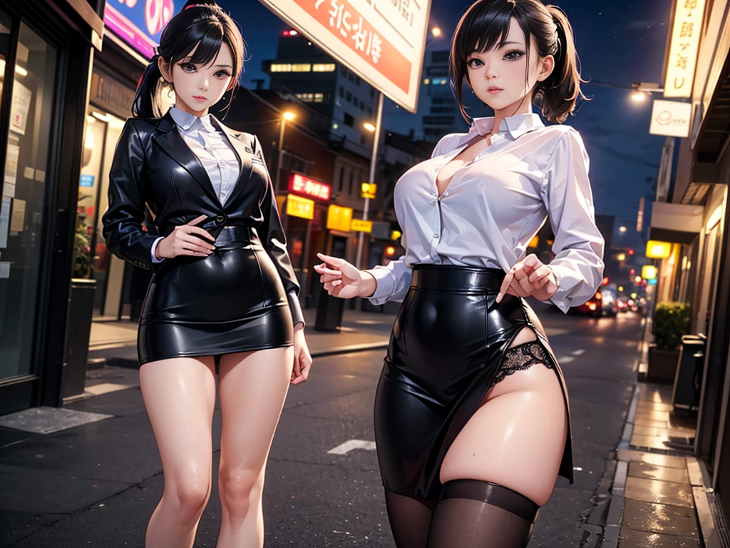 night street, korean woman, street lamp, big breasts, big ass, tight dress, oil stockings, lace panties, big ass, (pantyhose), look at the audience, parted lips, arms outstretched, evocative pose, lifted skirt, sad, dented skin, (looking at the audience: 1.2), (detailed eyes), shiny skin, high ribs, big eyes, masterpiece, (lifelike:1.4), super high resolution, best quality, beautiful lighting, detailed, complex, RAW photos, 8k ultra hd,
