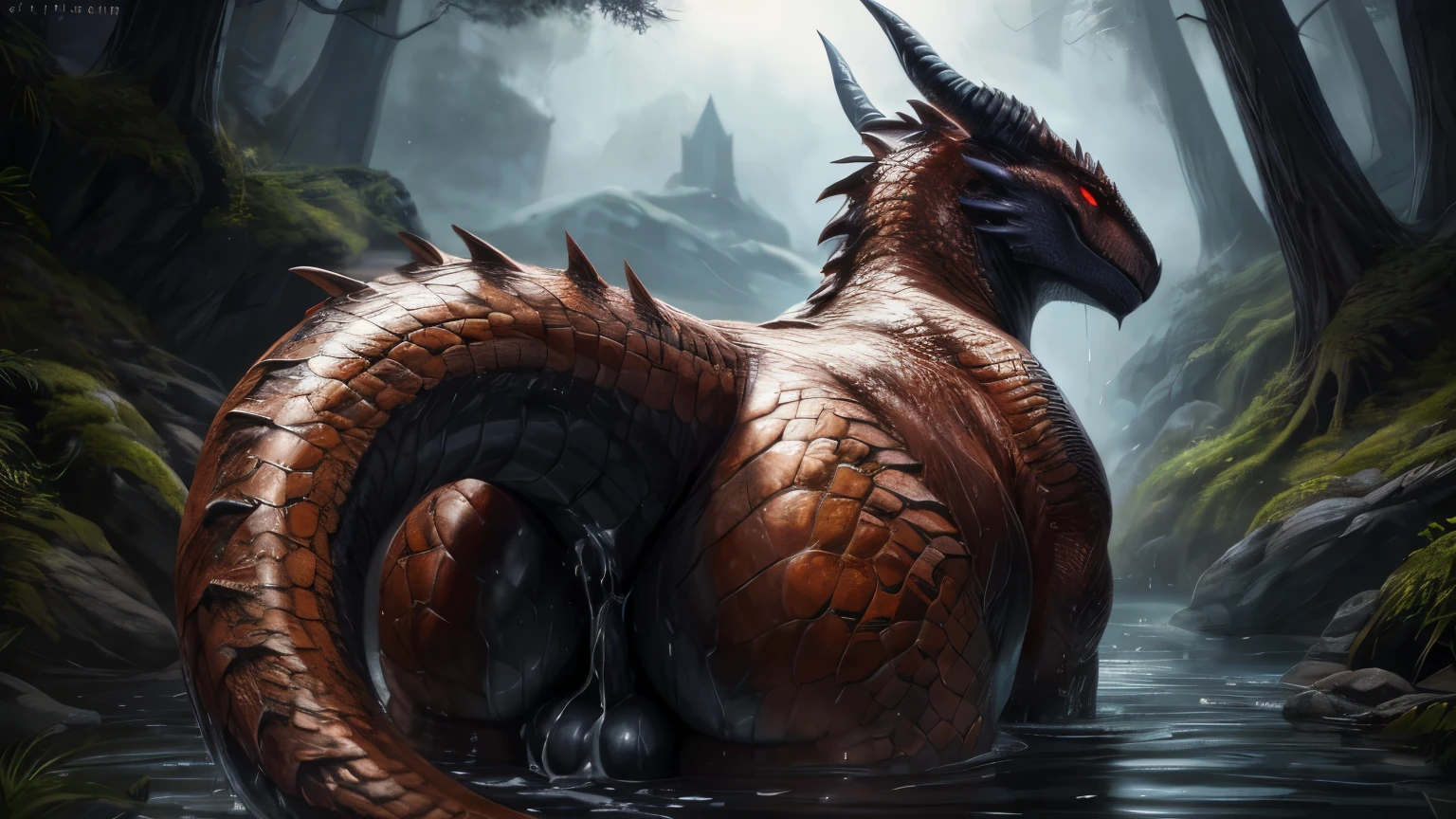 (high quality,4k,8k,highres,masterpiece:1.2),ultra-detailed,(realistic,photorealistic,photo-realistic:1.37),pixiv masterpiece,(intricate details), nsfw, chubby wet feral Dragon with highly detailed orange scales and Black fluffy hair, red eyes, glowing eyes, empty eyes, feral, stunningly sharp-focus, charming chubby body, curvy, huge ass, very big ass, wet ass, wide hips, thicc thighs, enchanting black hue, swaying tail, impressive scales, powerful presence, mesmerizing beauty, evil posture, well-defined claws, sinister-hearted, radiant aura, captivating artwork, artistically rendered, masterful strokes, attention to detail, tasteful composition, alluring charm, careful shading, great attention to anatomy, meticulous rendering, impeccable craftsmanship, big butt, big balls, cum in butt, after sex, vivid colors, perfect balance between realism and fantasy, wet, sweaty, big fluffy tail, thick tail, booty focus, Landscape shot, hill, forest,
