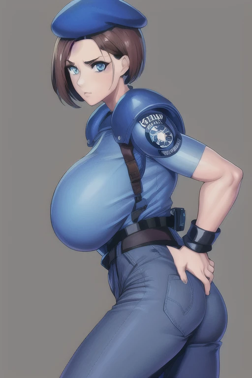   Jill Valentine, masterpiece,   best quality,   1 girl , Alone,   standing, , beret, uniform,  Shoulder pads , Short sleeve, Harness, belt, pants,   immovable pattern  ,  big ,  big butt , She's showing her side,  foot,  big butt , Neckline,  big  