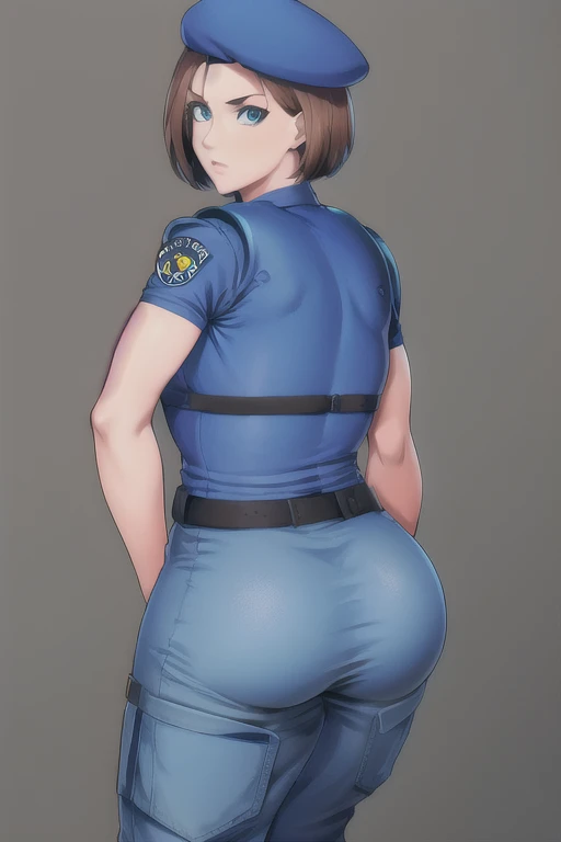   Jill Valentine, masterpiece,   best quality,   1 girl , Alone,   standing, , beret, uniform,  Shoulder pads , Short sleeve, Harness, belt, pants,   immovable pattern  ,  big ,  big butt , She's showing her side,  foot,  big butt , Neckline,  big  