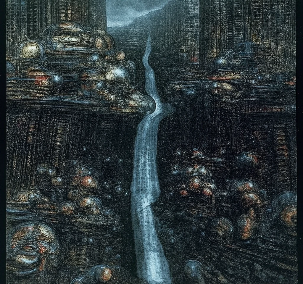 HRGGR, The image is a detailed view of H.R. Giger's biomechanical tableau \" HRG NY City\" plate, featuring The painting presents a haunting cityscape, dominated by towering, monolithic structures that seem to pierce the sky. The city is enveloped in a thick, ominous fog, creating a sense of mystery and unease. A winding river or canal snakes through the landscape, eventually cascading into a dark, bottomless abyss. The composition is characterized by strong vertical and horizontal lines, creating a sense of order and stability, while the swirling forms of the river and the fog add a touch of dynamism and chaos. The use of a limited color palette, primarily shades of gray and black, contributes to the overall sense of foreboding and mystery. These structures could be overgrown with fleshy, organic forms, suggesting decay and corruption. Color Palette: A monochromatic palette of dark grays and blacks would create a sense of foreboding and mystery. Consider adding subtle hints of red or green to highlight certain details or to evoke a sense of decay. Lighting: Use dramatic lighting to create a sense of depth and atmosphere. A single, harsh light source could cast long, distorted shadows, adding to the overall sense of unease. Symbolism and Storytelling: The Curse: The skeletal figure could be depicted in a state of torment, perhaps clawing at its own flesh or contorted into an unnatural position. This could symbolize the physical and psychological suffering caused by the curse. The Labyrinth: The labyrinthine network of tubes and pipes could represent the labyrinthine nature of the curse itself, trapping the victim in an endless cycle of suffering. The Unmaskable: The figure's face could be obscured by a mask or a veil, symbolizing the hidden nature of the curse and its enduring power.  Sharp focus on foreground elements illustration. Deep and delicate DOF. Big painting. Stored in Louvre masterpiece, ooze soaked pajama top

AnatomicTech ,vessels, scifi