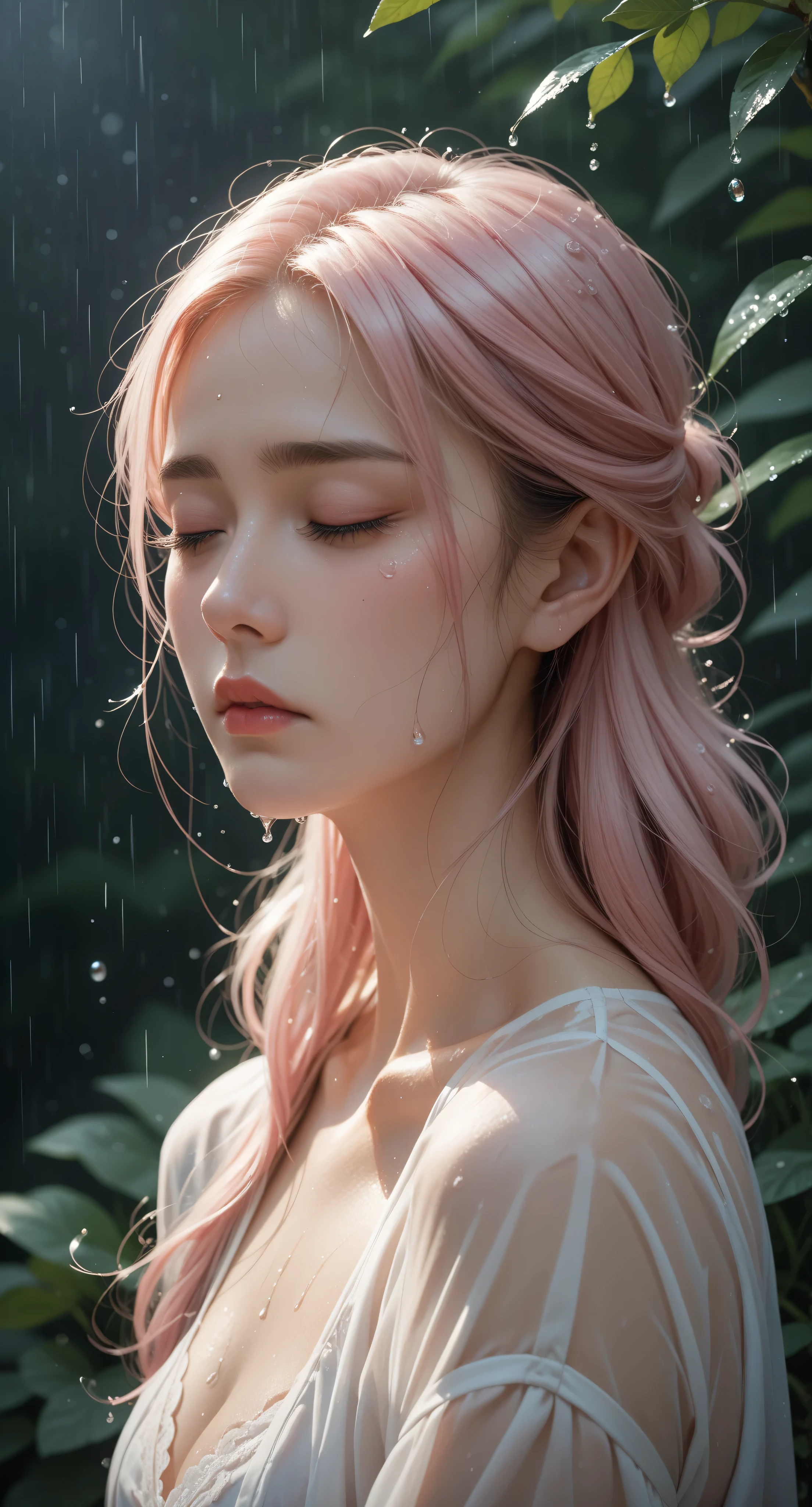 Score_9, Score_8_up, Score_7_up, 1girl, very beautiful girl, pink hair, crying, side view, upper body, rain, mist, water drops on skin, looking down, sad, fashionable clothes, wet hair, sigh, steam coming out of mouth, wallpaper quality, touching scene, sad, closed eyes, frowning, /(perfect anatomy)/, beautiful eyelashes, light particles, waterdrop, beautiful and soft looking skin, delicate lady, blurred background. Stunning and attractive image, 8k, detailed image, masterpiece quality.
