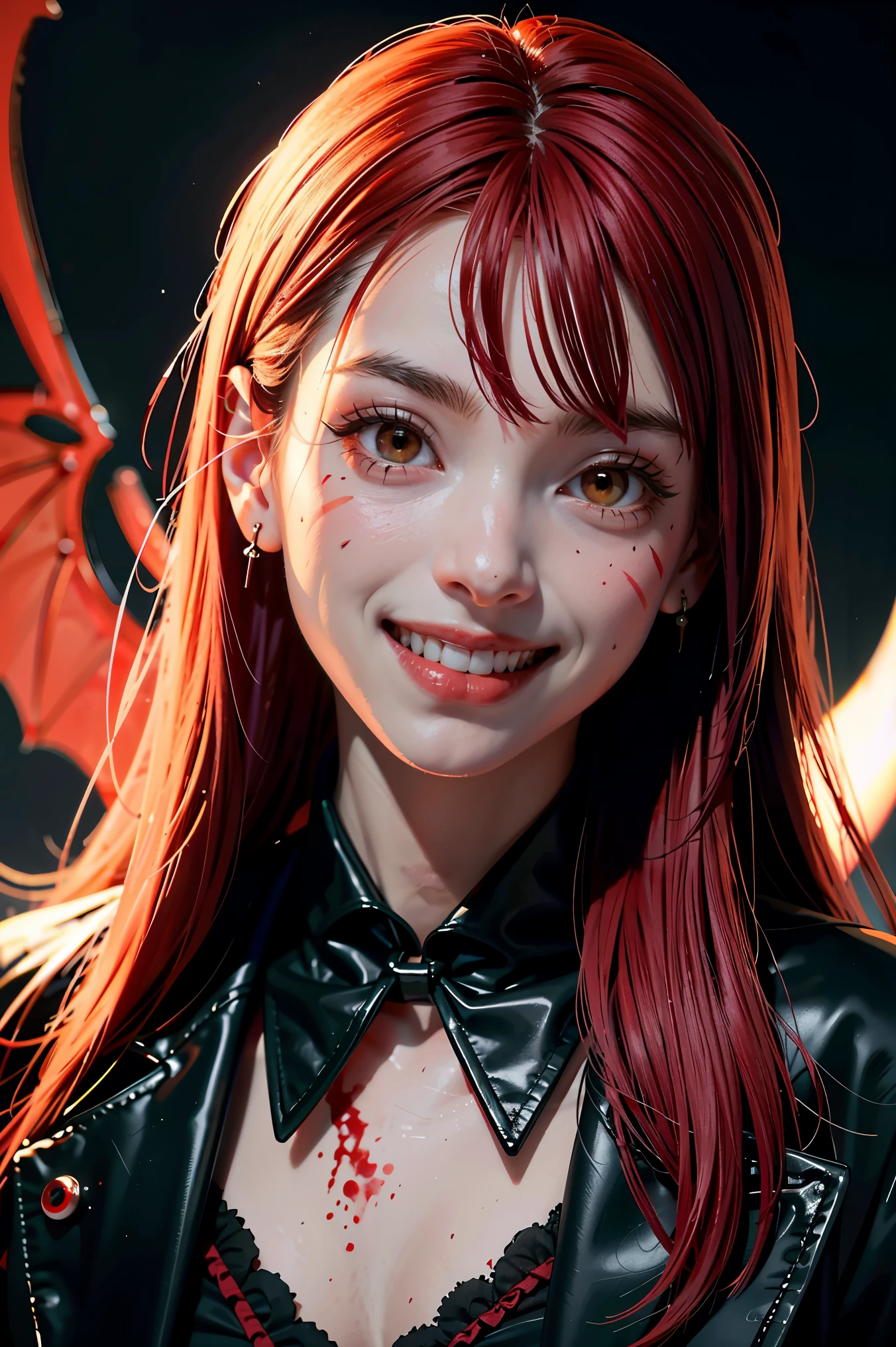 (UHD, retina, masterpiece, accurate, anatomically correct, textured skin, super detail, high details, high quality, best quality, high res, 1080P, HD, 4K, 8k, 16k), (beautiful detailed eyes, beautiful detailed lips, extremely detailed eyes and face), soft lighting, physically-based rendering, vivid colors, (large breasts:1.5), (portrait, shiny hair, shiny skin), eye reflection, (bokeh, dark background), (black color, dragon hair ornament, dragon wings, dragon tail, dragon orb, red hair:1.5), ((red glowing eyes, smile and laugh, tanned skin, spark, pillar of fire, eruption:1.5)),