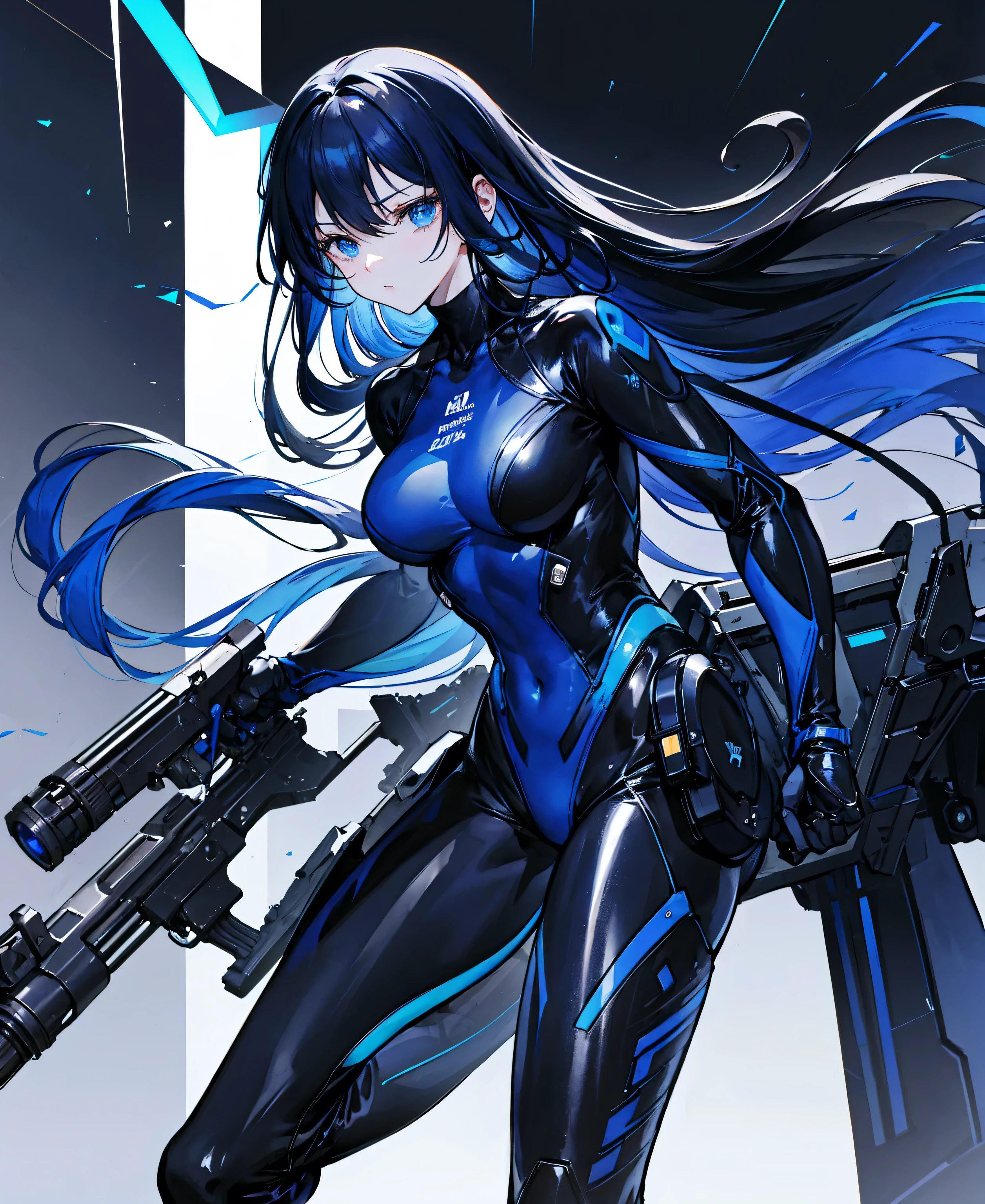 no background,girl,carry a firearm,Enamel-like tight suit,use of firearms,dark blue long hair,attention arousal,blue colored eyes,no gradation