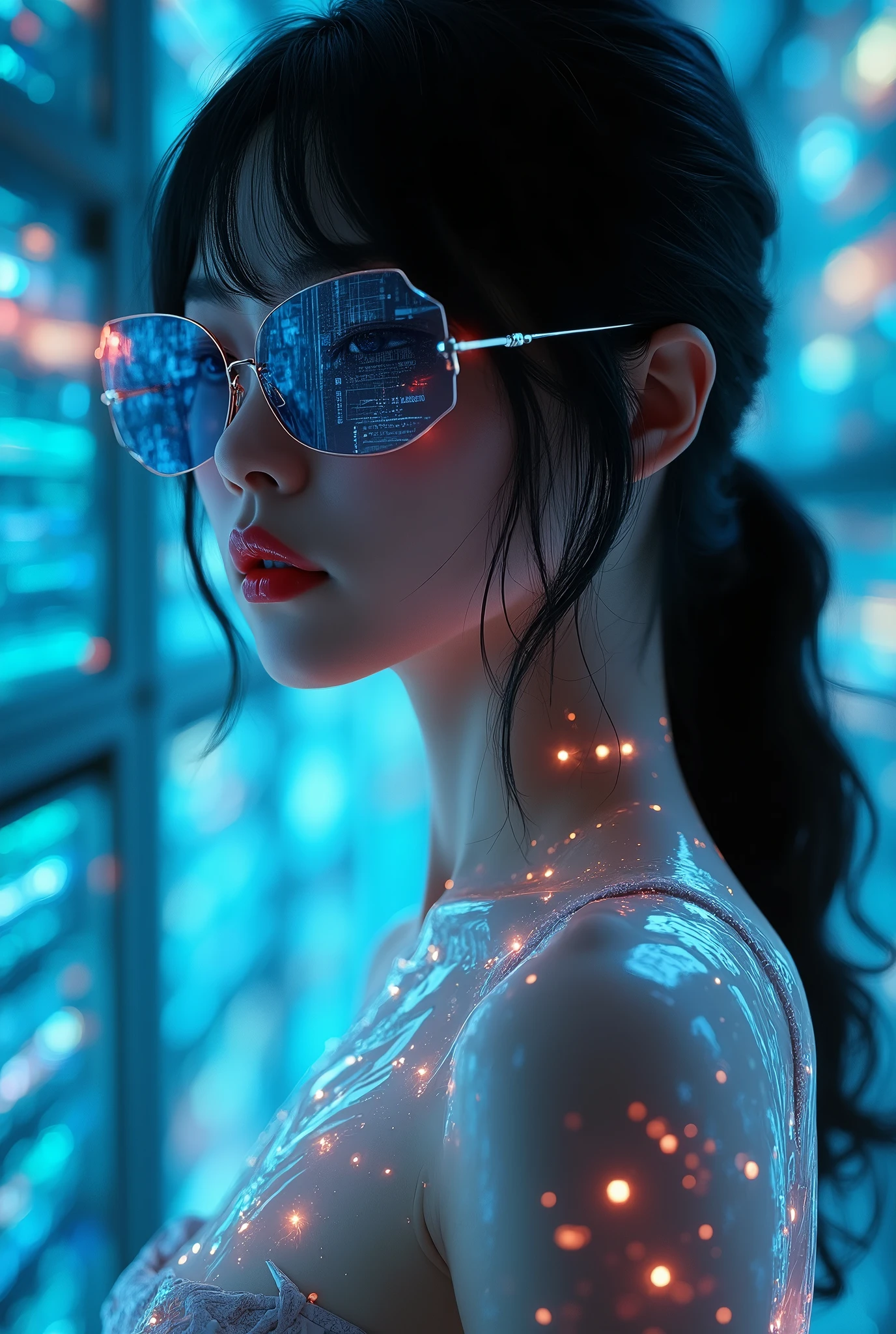 (((a medium-breast bikini slim GIRL with black micro sunglasses))), (((aiming at viewer with a pistol))), a balcony of a futuristic building, aerial view of an ultra-futuristic megalopolis, many metal buildings and houses in dark colors from dark blue to black, a cidade tem tons de cinza metal, has smoky metal structures , industrial environment with smoke and fog around, carros escuros nas ruas, desert megalopolis, trilhos e trens modernos de de metal passando estre as ruas da cidade, tall futuristic metal buildings, many ultra modern buildings around, realistic, detailed, sci-fi.
