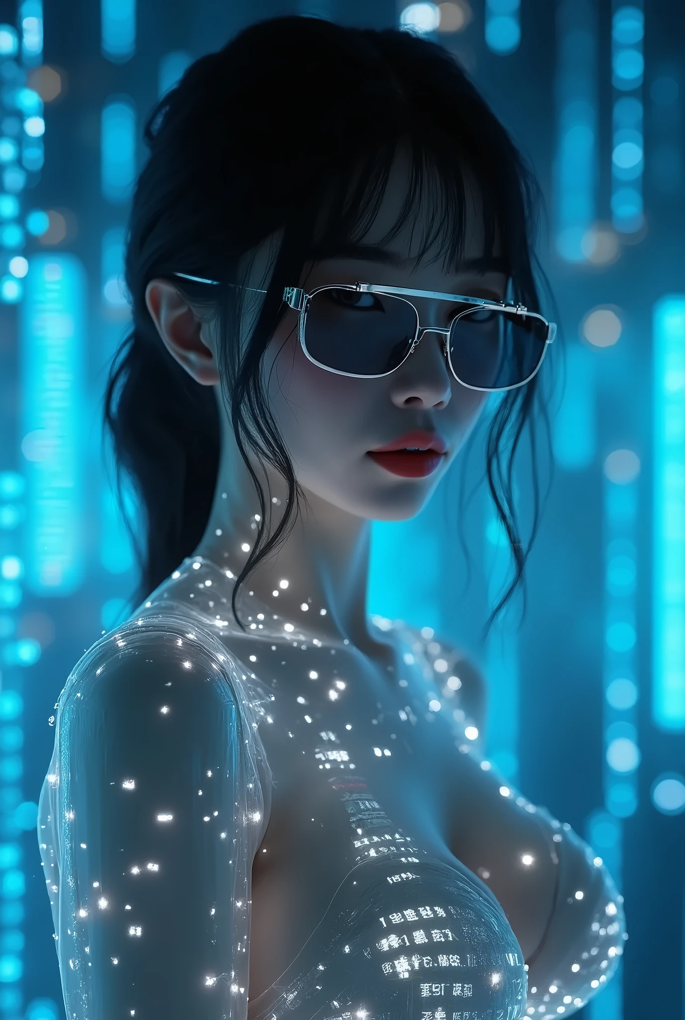 (((a medium-breast bikini slim GIRL with black micro sunglasses))), (((aiming at viewer with a pistol))), a balcony of a futuristic building, aerial view of an ultra-futuristic megalopolis, many metal buildings and houses in dark colors from dark blue to black, a cidade tem tons de cinza metal, has smoky metal structures , industrial environment with smoke and fog around, carros escuros nas ruas, desert megalopolis, trilhos e trens modernos de de metal passando estre as ruas da cidade, tall futuristic metal buildings, many ultra modern buildings around, realistic, detailed, sci-fi.