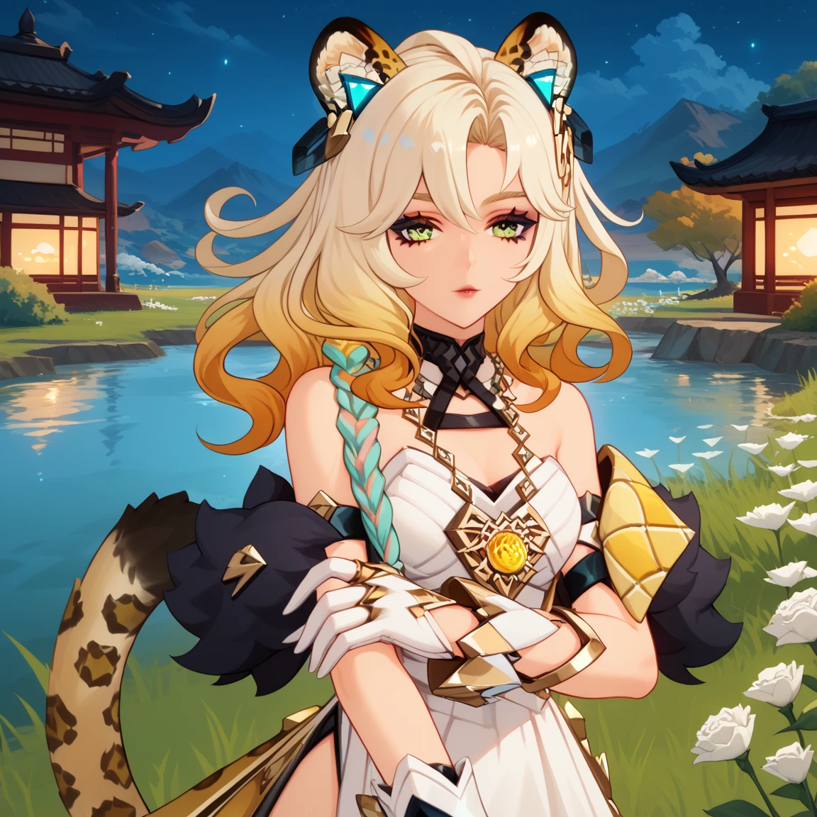 1girl, dress, jewelry, blonde hair, flowing hair, long hair, solo, white roses, jaguar ears, jaguar tail, firefly, oriental architecture, Chinese maid dress, yellow laces, white boots, gold details on her clothes, night, lake on the background, seat on the grass, a garden scenery, white roses, flowers, upper body workout, more details, perfectly body, perfectly hands, two hands, two legs, two arms, five fingers, glowing hair, best quality, gloves, white gloves, choker, detached sleeves, magical girl, white dress, strapless, skirt with layers, frills