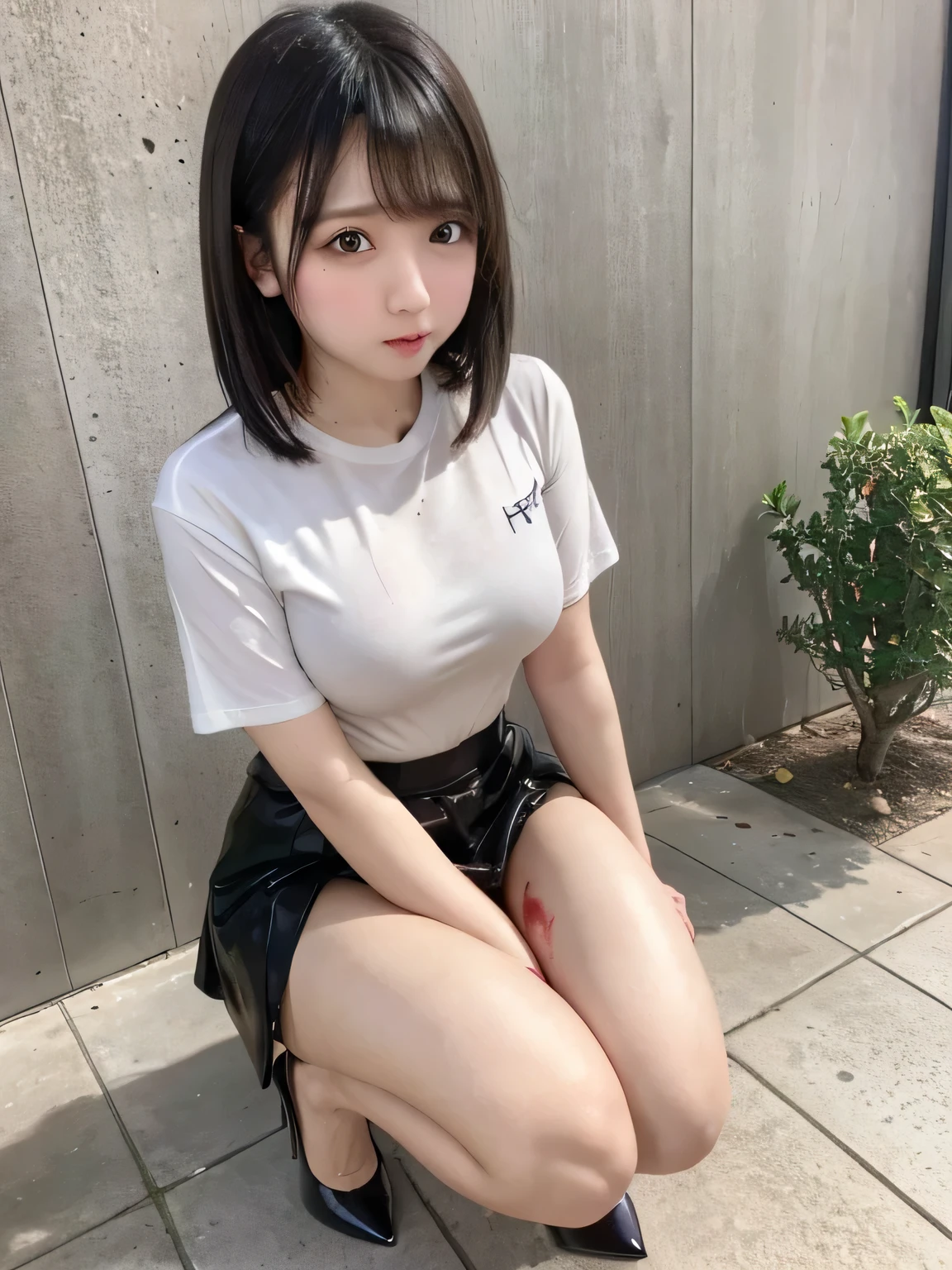 Arafed Asian girl, double eyelid, well designed hands, perfect legs, oppened legs, black high heels, gray hair, big ass, white shirt, gray skirt, (the pubic area is visible), ((dripping menstrual blood)), squat, bottom view,