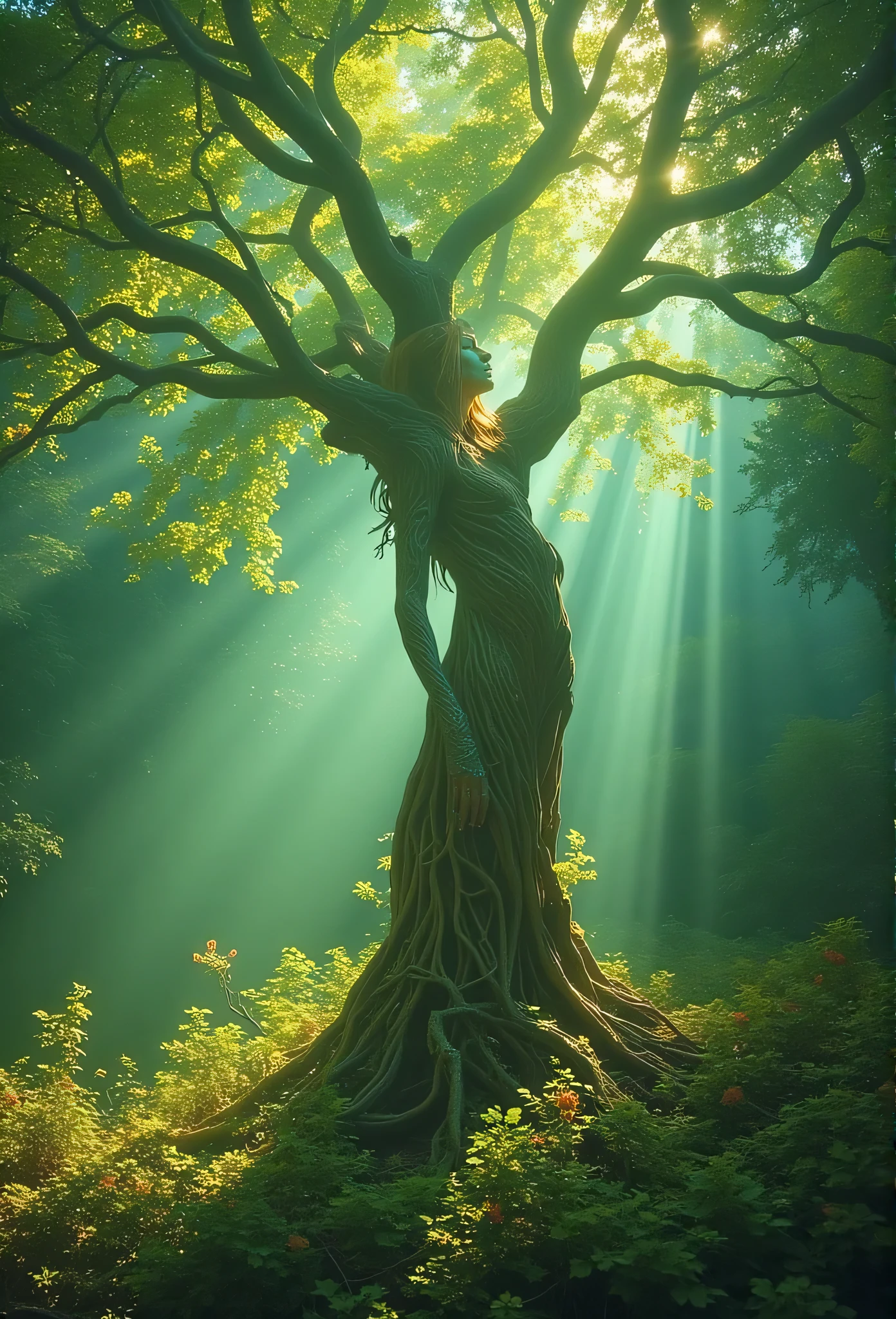 ((masterpiece)) ((photography)) ((Highest quality)) An ethereal forest scene featuring a grand, ancient tree whose branches and roots form a feminine shape. The tree stands tall with its bark textured like skin, and the branches twist and stretch gracefully into the air, resembling arms and flowing hair. Leaves and flowers bloom around the figure, with soft light filtering through the canopy, creating a magical, serene atmosphere. The surrounding forest is lush and vibrant, with beams of sunlight streaming through the trees, highlighting the tree’s feminine form. A sense of harmony between nature and femininity is conveyed.