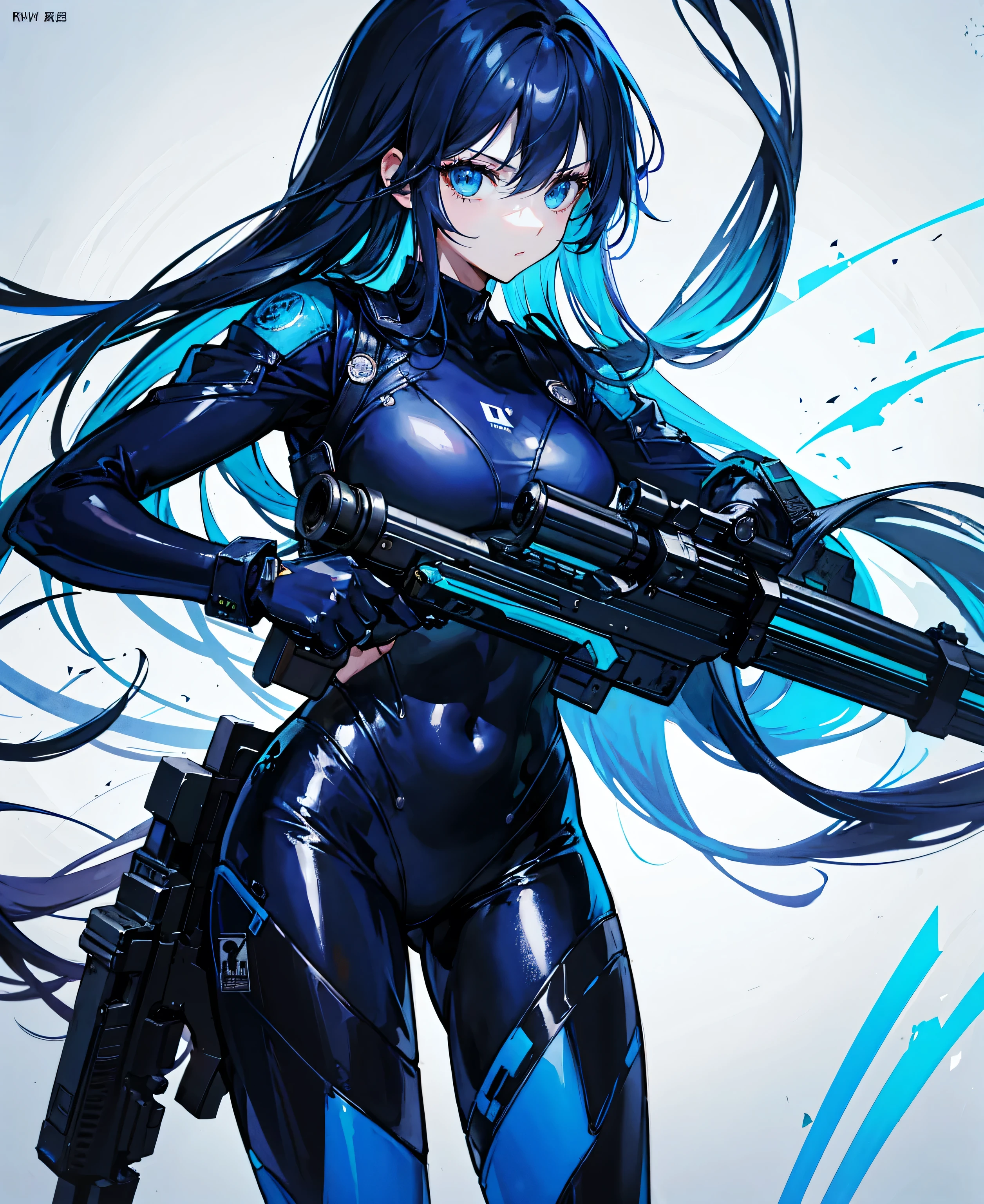 There is no background,girl,carry a firearm,Enamel-like tight suit,use of firearms,Navy blue long hair,attention arousal,Blue colored eyes,no gradation