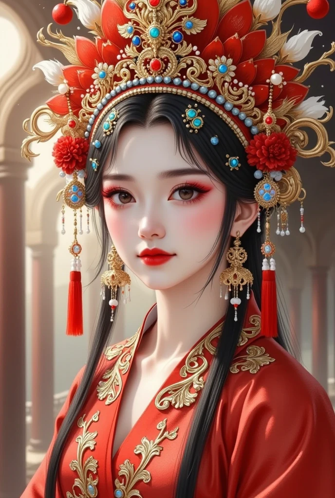 A woman in a red dress，Close-up of woman wearing red hat, Chinese,  traditional Chinese ,  traditional Chinese  clothing,  The detailed painting  , Chinese Princess, palace ，  girl in Hanfu,   A matte painting with ancient Chinese aesthetics , traditional beauty, ancient Chinese Princess,  Chinese Clothes ,  Chinese women , Chinese Girl,  Chinese Clothes ,  Ancient Chinese Art Style ,   Ancient Chinese Beauty 