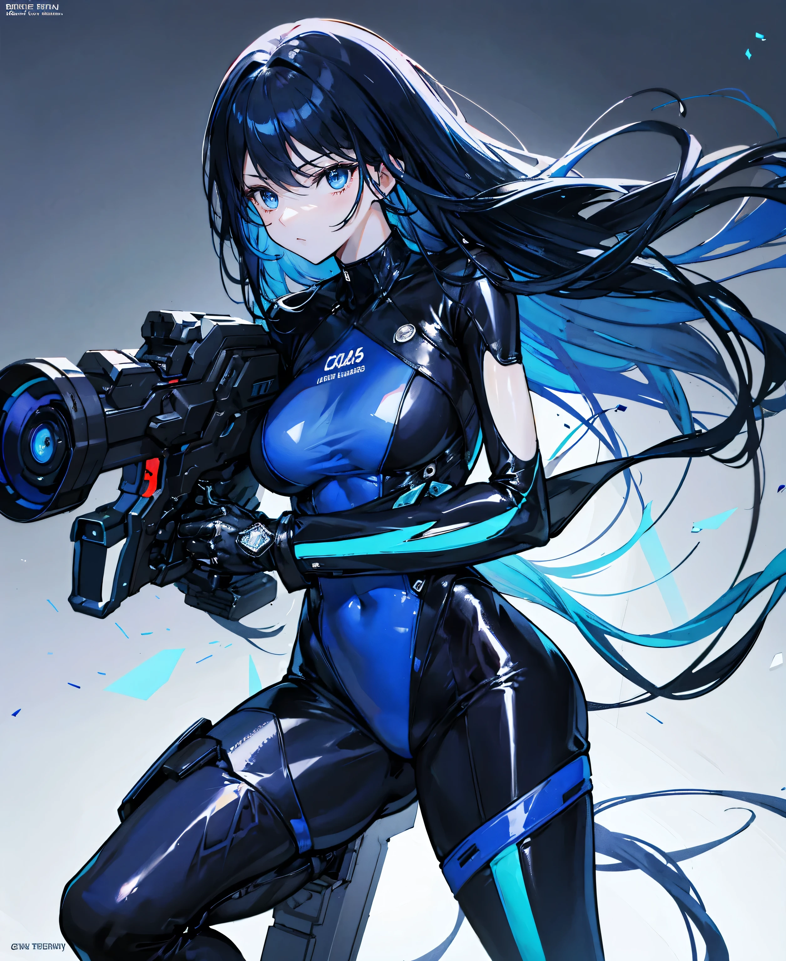 There is no background,girl,carry a firearm,Enamel-like tight suit,use of firearms,Navy blue long hair,attention arousal,Blue colored eyes,no gradation