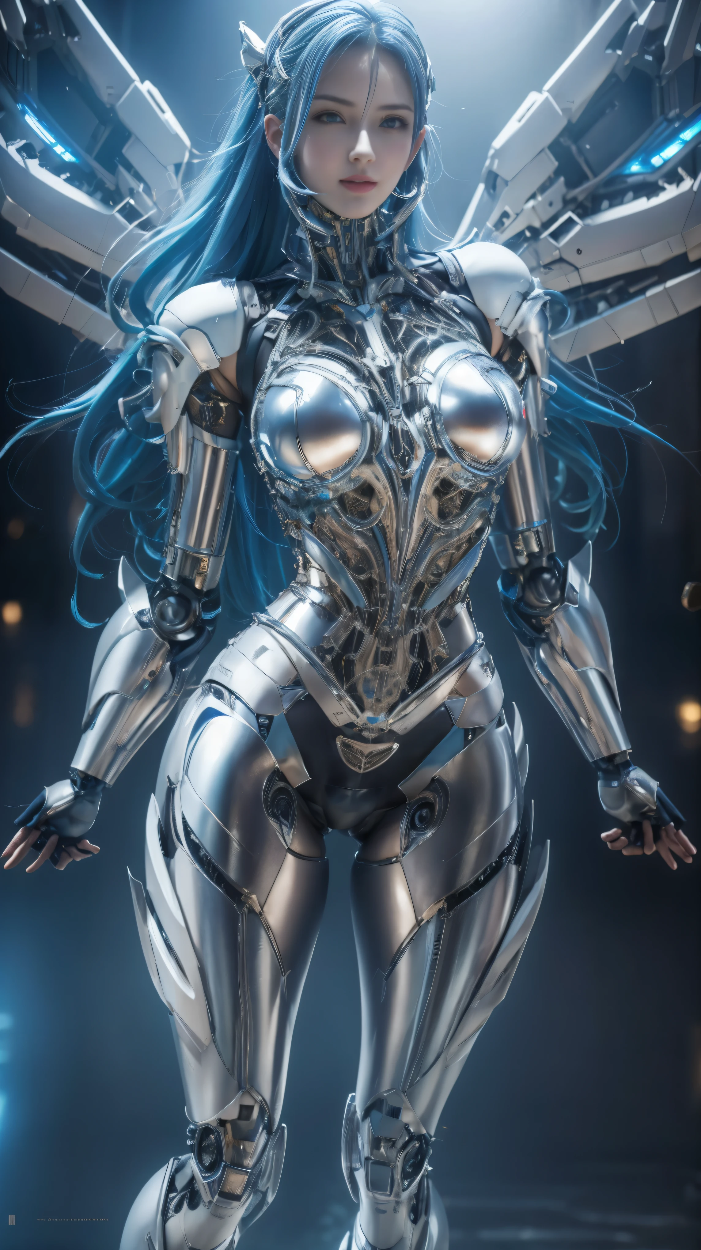 photorealistic, high resolution, soft light,1women, solo, hips up, shining skin, (detailed face), mecha musume, mechanical parts, robot joints, headgear, full armor