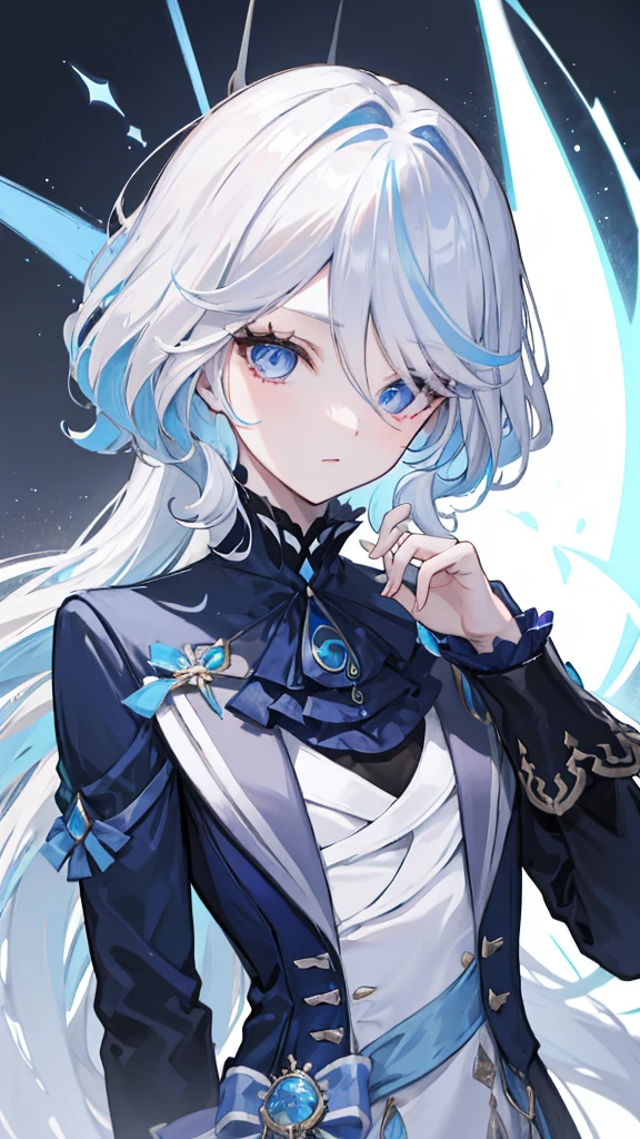  white hair with light blue inner color　light blue mesh on bangs　 eyes are light blue and blue odd-eyes　lipstick　Black blue jacket 