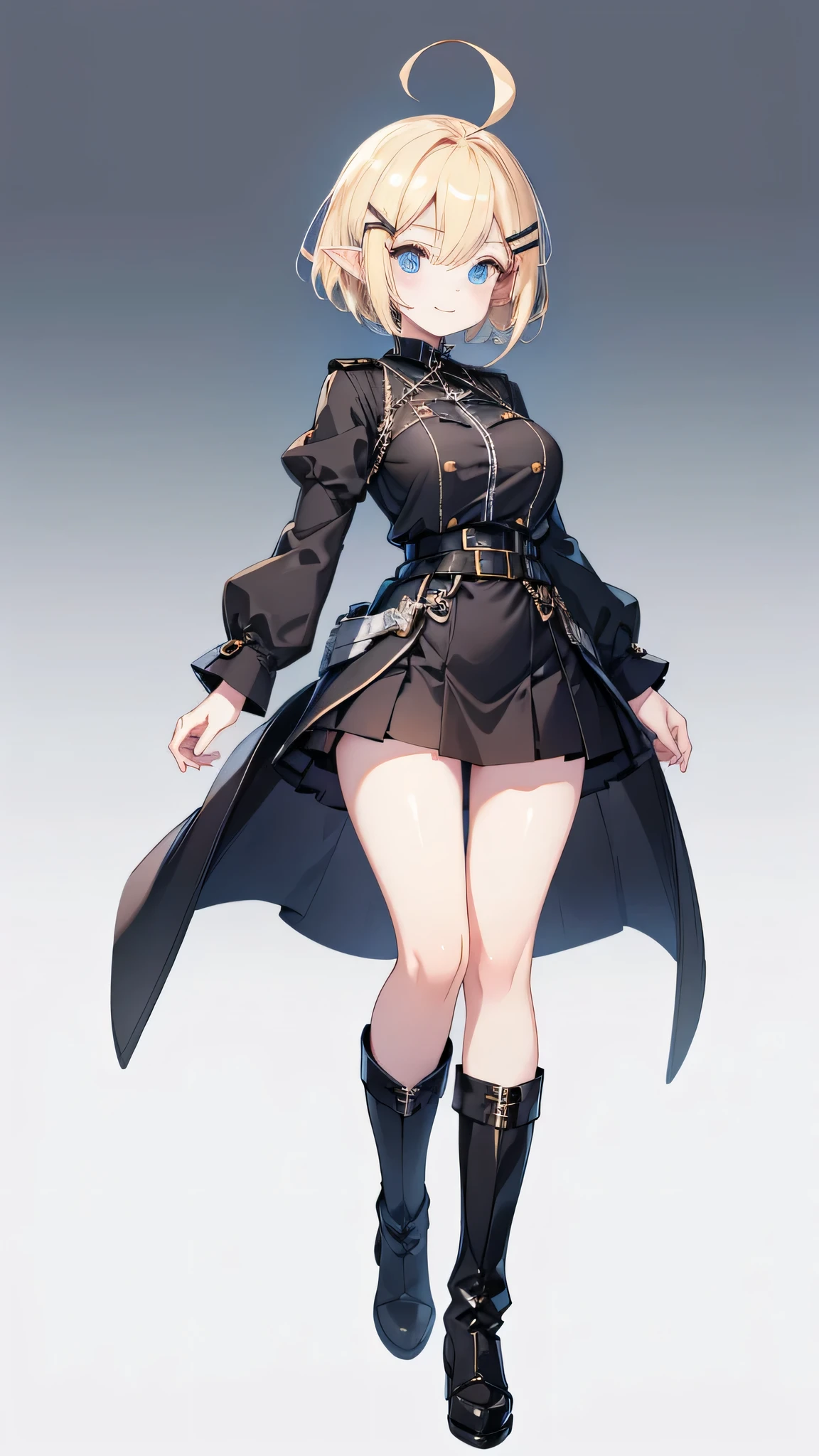 masterpiece,  best quality,((Full-body portrait of an adult woman standing upright)),((Tall)) ((detailed blue eyes )), (( blonde short hair,Ahoge)), Big Breasts,(((black large barrette ))),Elf, black thigh high socks, black boots ,black military costume, black long coat, Black Ruffle Skirt ,(( no background )),Droopy eyes,thin straight eyebrows,thick waist gun belt , white skin, looking at me,A cheerful smile,Diagonal side view