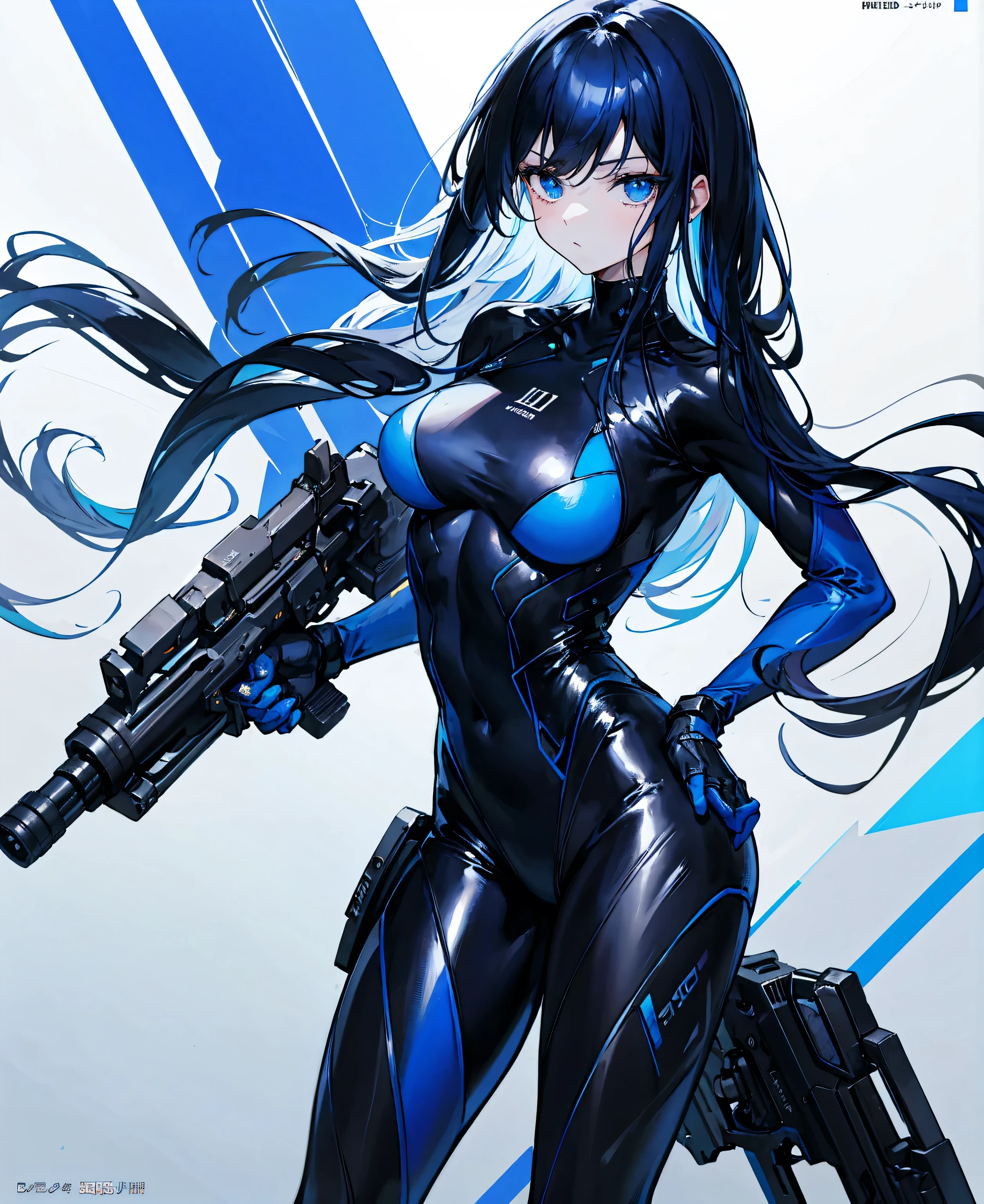 There is no background,girl,Carry a firearm,Patent leather tight suit,Use of firearms,Navy blue long hair,attention arousal,Blue colored eyes,No gradients