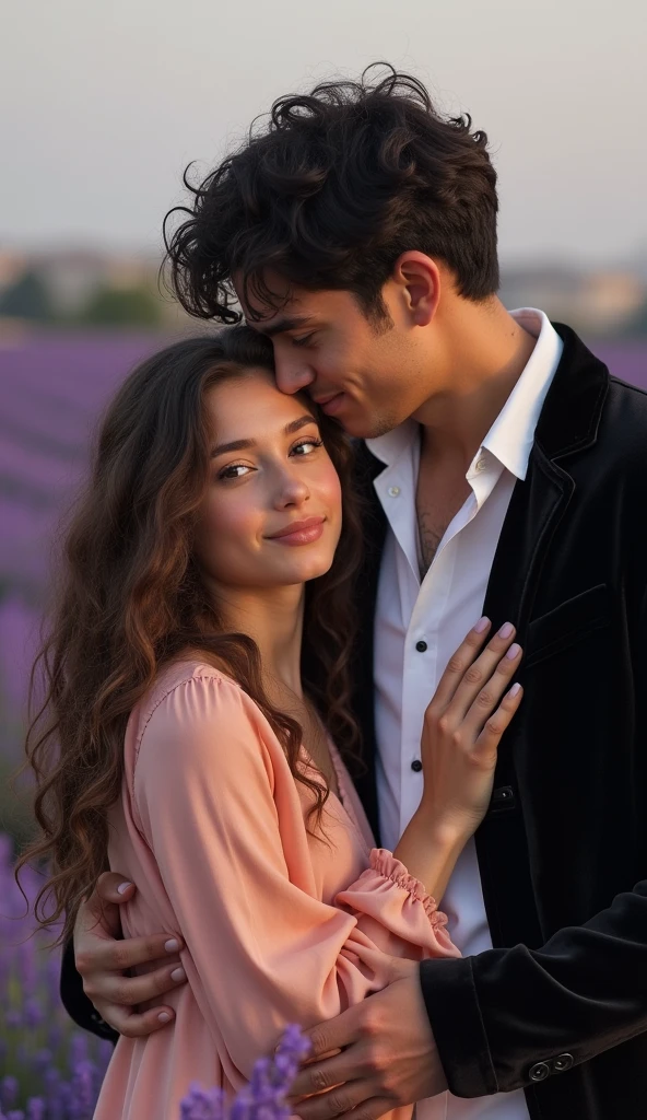  Create a realistic image of a guy with a round face and black hair ,  dressed in a white shirt and a black velvet jacket ,  who gently hugs a girl in a delicate peach blouse with curly light chocolate long hair.  They both smile softly . The background is a lavender field .  They are of European appearance .
Крупный план, смотрят вперёд