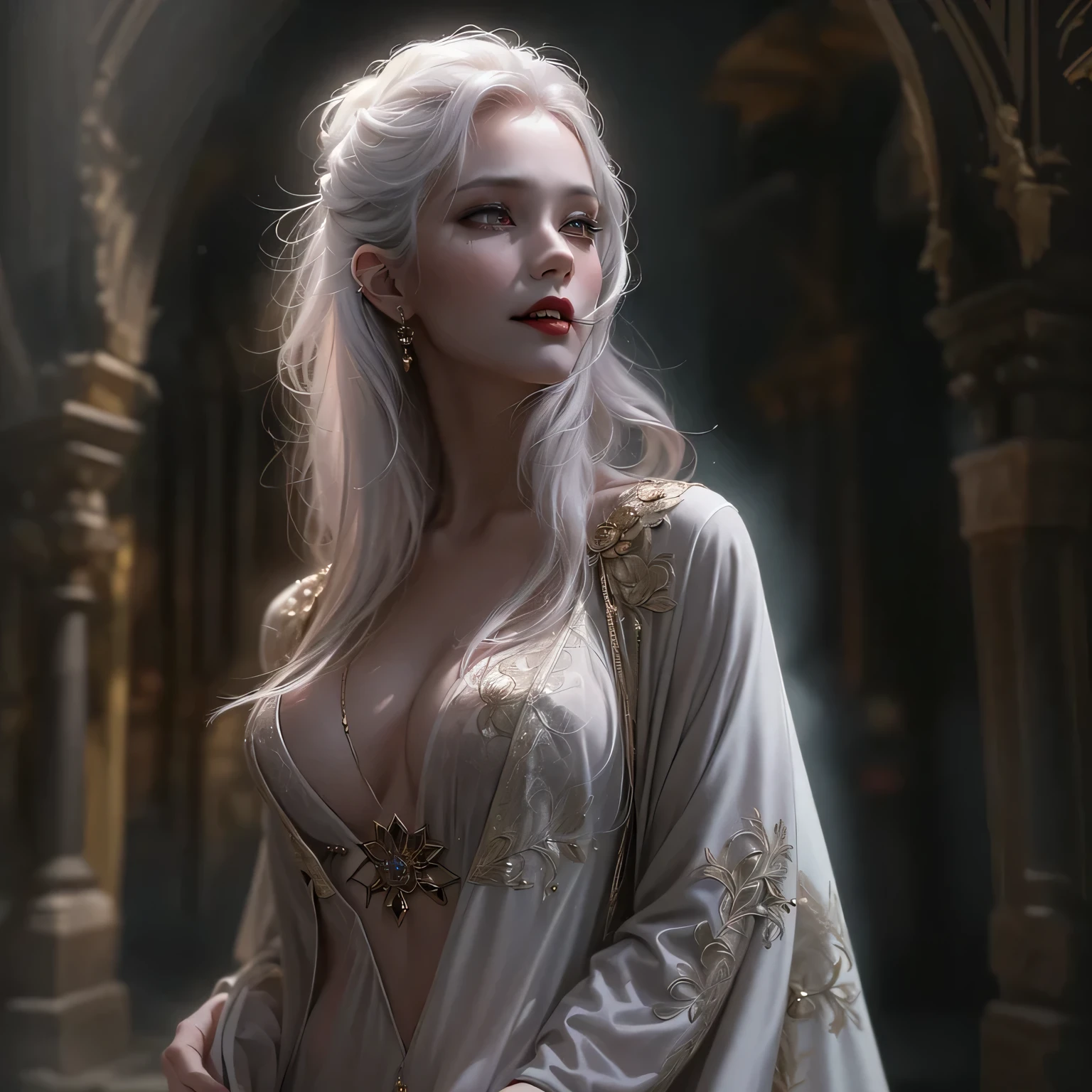 Tia mostra ter uma figura bastante esguia. Ela tem cabelo branco-acinzentado , ela tem cabelo curto e grandes olhos verdes claros, The nature of mystery and magic revolves around this image. Nas profundezas de uma das cavernas de cristal escuro, There is a girl with pale beauty and white skin that shines in the light of scattered crystals. Hair reaches the waist, que cai elegantemente ao lado de seu rosto. Its large eyes gaze into the darkness with a mysterious glow., e apesar de seu brilho que incendeia a caverna escura, shadows continue to surround her in an incomparable way, as if they were part of the secrets of the cave itself. Her soft shadows sway with every step she takes in this mysterious habitat, as if she is embarking on an expedition to discover ancient secrets that may be hidden deep within this mythical place., decote exposto, seios grandes, qualidade superior, Muitos detalhes, Sharp and realistic Puri focus