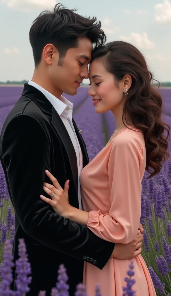  Create a realistic image of a guy with a round face and black hair ,  dressed in a white shirt and a black velvet jacket ,  who gently hugs a girl in a delicate peach blouse with curly light chocolate long hair.  They both smile softly . The background is a lavender field .  They are of European appearance .
Крупный план, смотрят вперёд