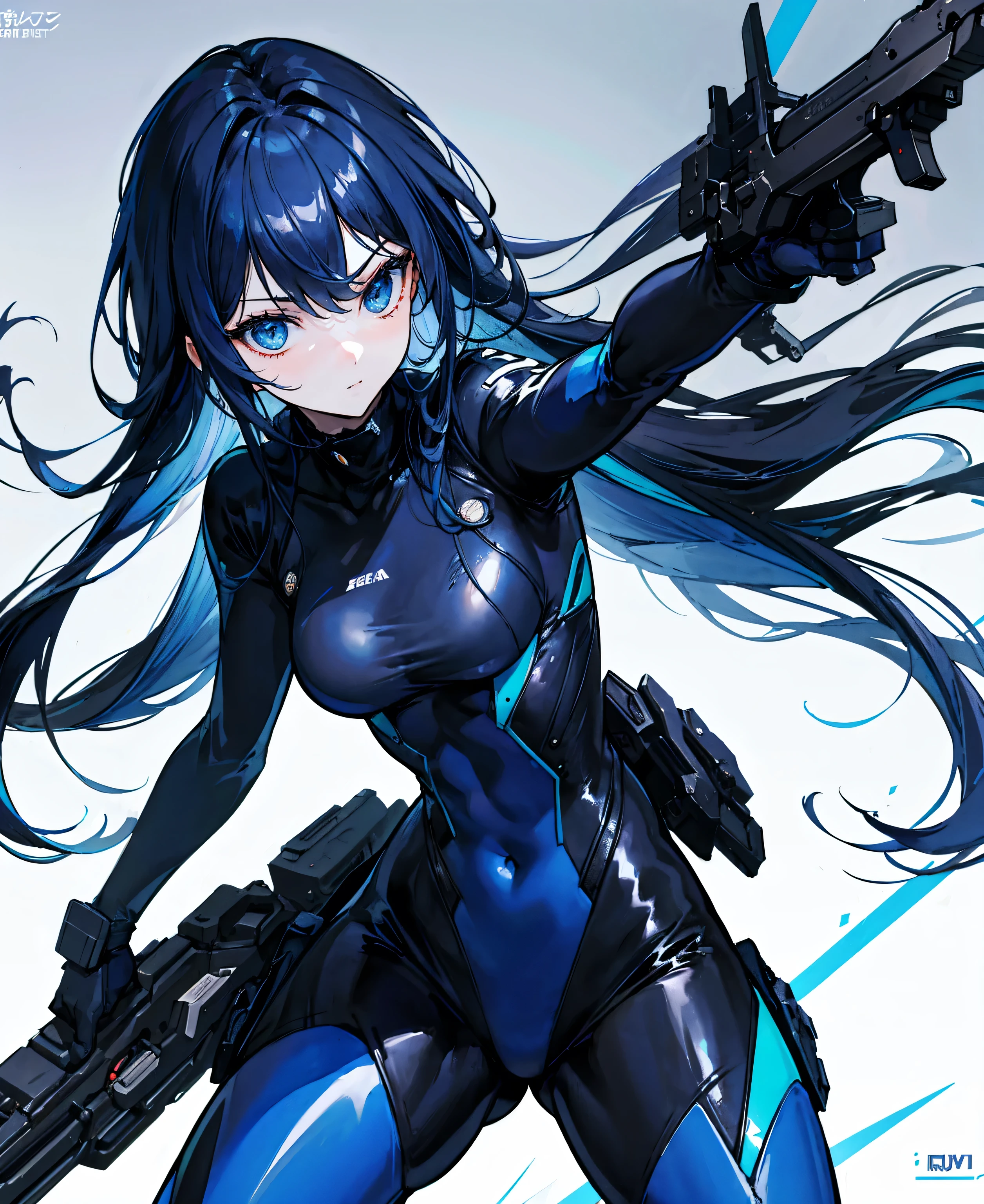 no background,girl,carry a firearm,Enamel style tight suit,use of firearms,dark blue long hair,attention arousal,blue colored eyes,no gradation