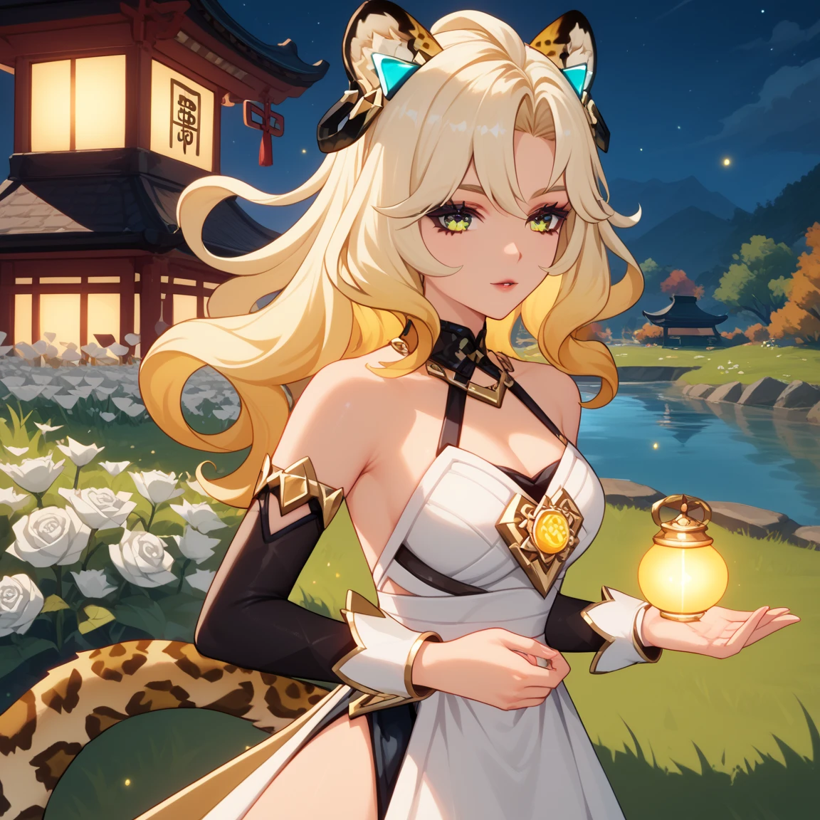 1girl, dress, jewelry, blonde hair, flowing hair, long hair, solo, white roses, jaguar ears, jaguar tail, firefly, oriental architecture, Chinese maid dress, yellow laces, white boots, gold details on her clothes, night, lake on the background, seat on the grass, a garden scenery, white roses, flowers, upper body workout, more details, perfectly body, perfectly hands, two hands, two legs, two arms, five fingers, glowing hair, best quality, gloves, white gloves, choker, detached sleeves, magical girl, white dress, strapless, skirt with layers, frills