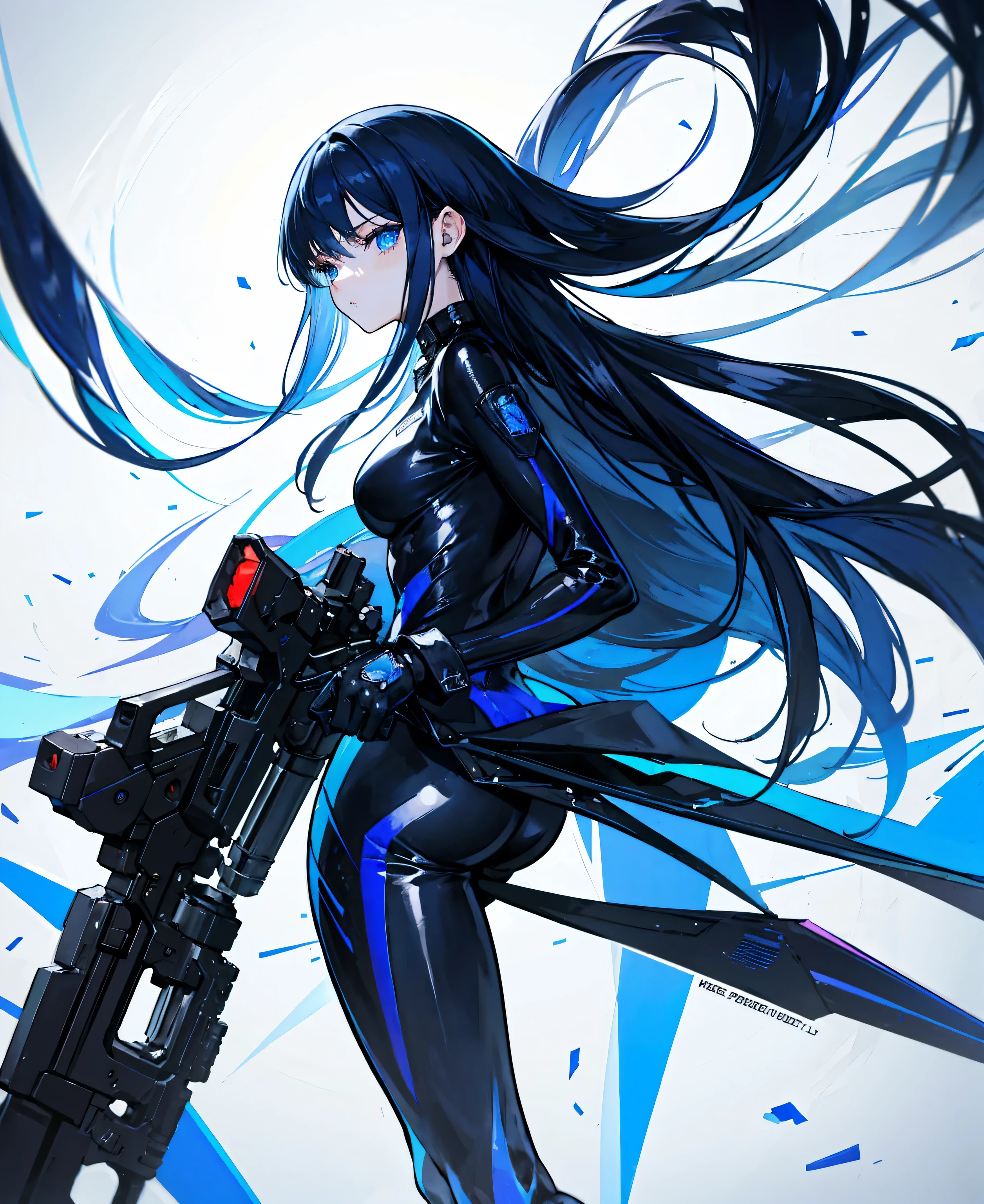 There is no background，girl，Carry a firearm，Patent leather tight suit，Use of firearms，Navy blue long hair，attention arousal，Blue colored eyes,No gradients