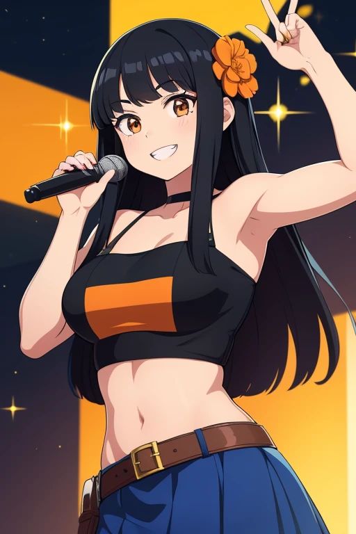 Attractive long-haired woman speaking with a microphone during an auction on a stage, cabello largo y hermoso, cuerpo completo