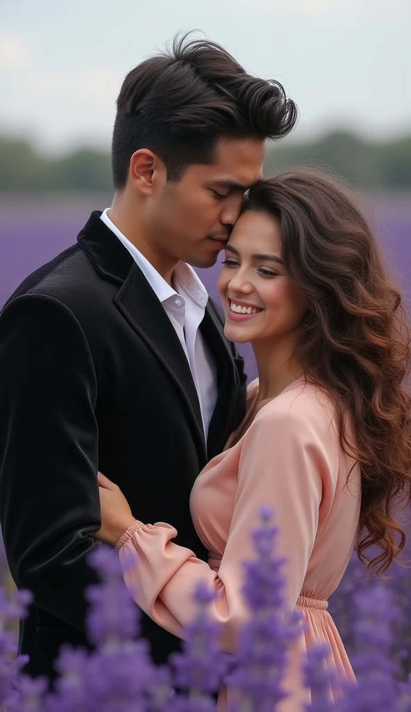  Create a realistic image of a guy with a round face and black hair ,  dressed in a white shirt and a black velvet jacket ,  who gently hugs a girl in a delicate peach blouse with curly light chocolate long hair.  They both smile softly . The background is a lavender field .  They are of European appearance .
Крупный план, смотрят вперёд