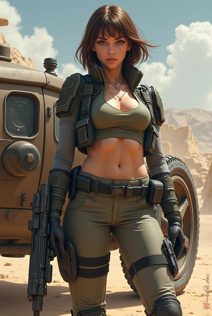 a woman poses in a desert area, time traveling bloodthirsty gunwoman, muscle girl, green nomad, gorgeous female, a sexy brunette warrior, anna faris