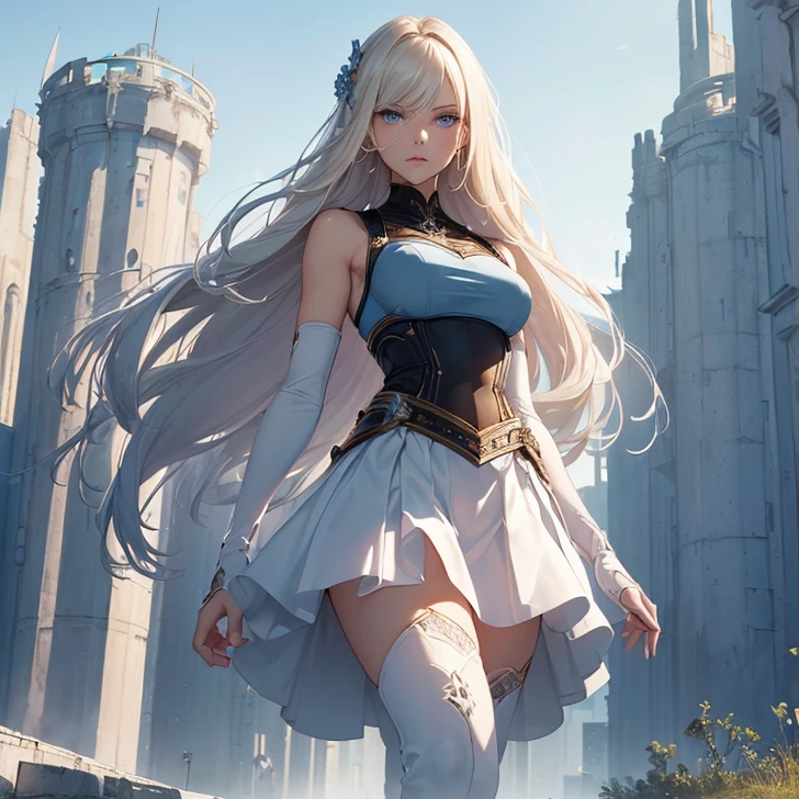 Silver-white girl with long hair，Dressed in a dress trimmed with white and gold，Stand on a towering building，Wear high heels，Sword in hand，（best qualtiy：1.4）， （A detailed：1.5）， （tmasterpiece：1.3），