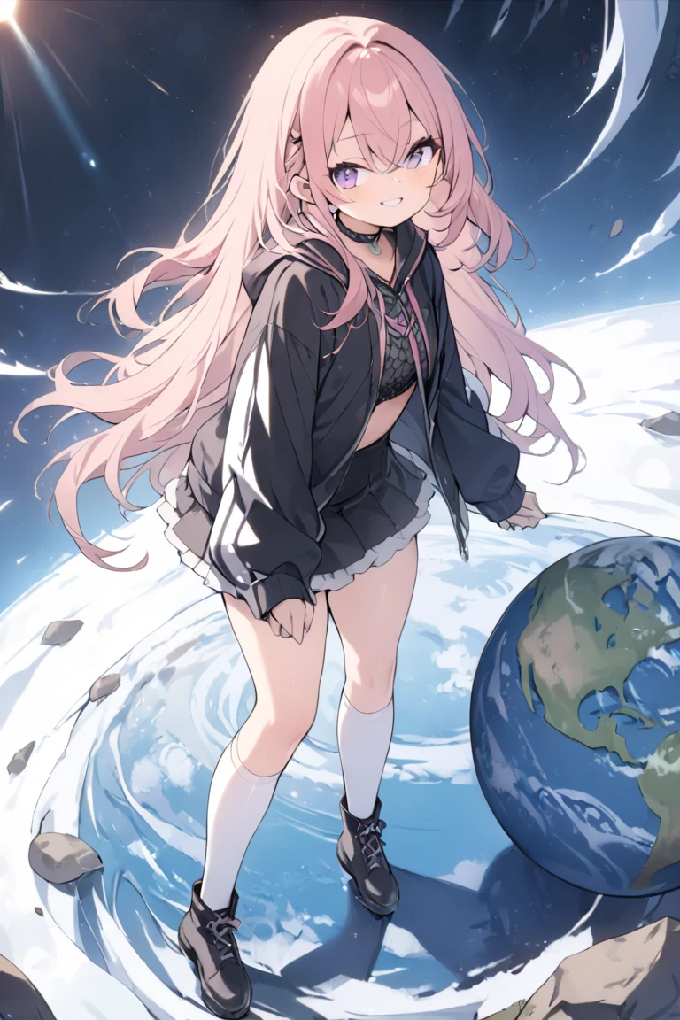 ( 1 girl ), cute young girl, ( fearless smile ), Pink gold hair, Purple Eye, (Long Hair), Liner Double, Black clothes, Earth system, Black Rose,   black miniskirt， white underskirt , White Knee-High Socks ,black lace-up short boots , (walk), cute, 8k, ( Jirai Fashion ), ((masterpiece)), (( best quality)), ( super detailed:1.2), ( high definition:1.3), ( Professional Photography :1.4), ( sharp concentration), Perfect light, ( froggy hair ), ,  eyeliner , emo,