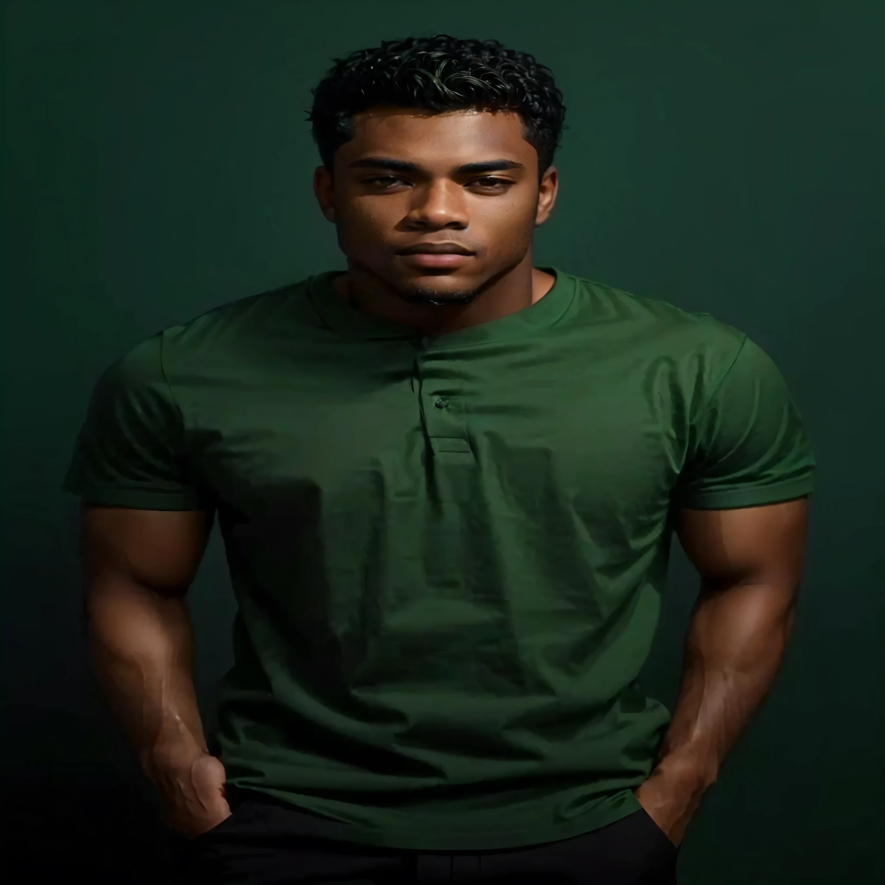 a man in a green shirt standing with his hands in his pockets, in a dark green polo shirt, man is with black skin, handsome male, photoshoot portrait, portrait photo of a backdrop, photo of a man, high quality portrait photoshoot, high quality portrait, a photo of a man, handsome hip hop young black man, dark skin tone, handsome young man