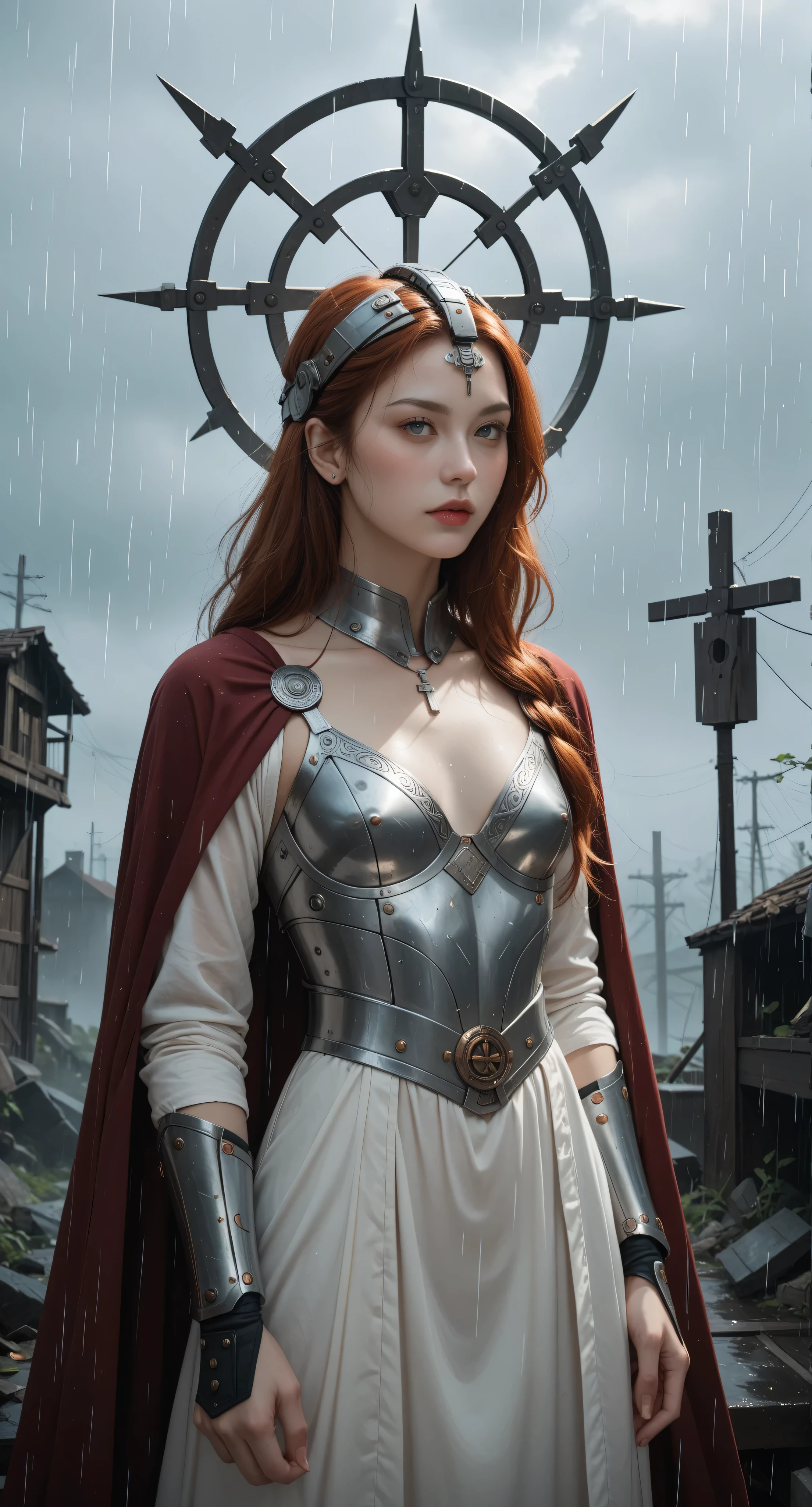 Score_9, Score_8_up, Score_7_up, A young, sexy and beautiful woman, erotic, small breasts, intimate and deep look, young redhead stands under an apocalyptic storm, dressed as a futuristic Viking Virgin. Her flowing red hair is partially covered by a cybernetic headdress adorned with Viking symbols, combining ancient mythology with elegant robotic designs. His body is clad in low-necked, armor-like robes, a combination of shiny metal and intricate technology, giving him an ethereal yet mechanical appearance. Rain pours down, sparkling as it hits his cybernetic parts, while his glowing robotic limbs pulse with light. The sky above is dark and ominous, illuminated only by lightning and the dim glow of a world on the brink of collapse. The apocalyptic rain falls hard, adding an atmosphere of chaos, but she remains balanced, a powerful fusion of myth and machine, as a symbol of strength and resistance in the midst of the end of days.

