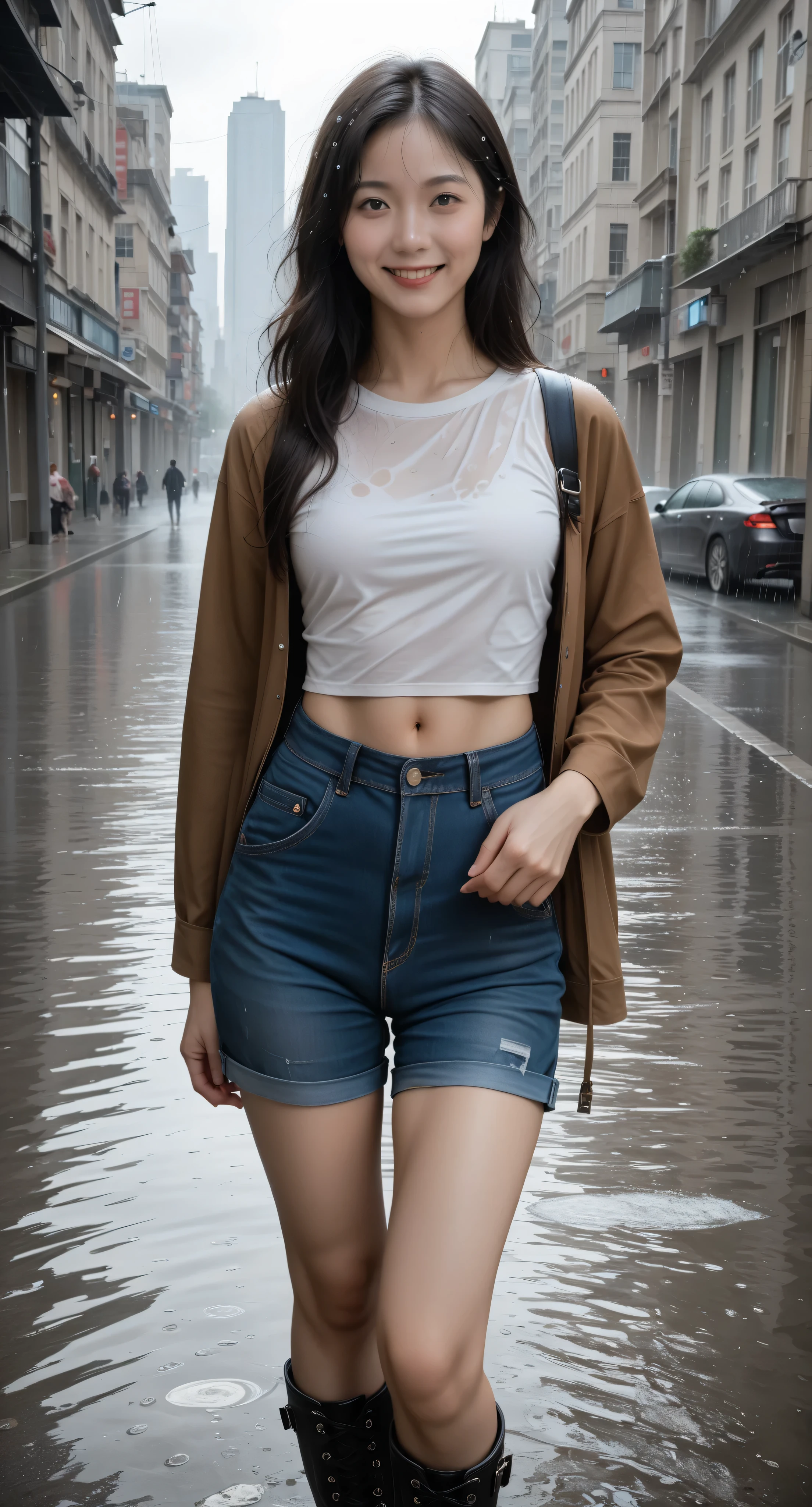 Score_9, Score_8_up, Score_7_up, best quality, (masterpiece:1.4), ultra detailed, (photorealistic:1.4), 1girl, korean, 19 years old, light smile, long hair, black long hair, crop_top shirt, open jacket, shorts, boots, rain, city center, standing, soaked, fullbody_view, film grain, ray tracing, detailed background, 3d rendering, ultra relistic, cowboy_shot, dslr



