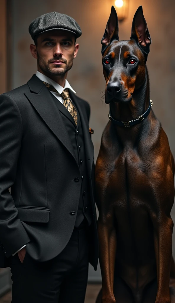 "Create an image of Thomas Michael Shelby standing confidently alongside a massive Doberman with a sleek, muscular build. Both have piercing, intense gazes, and the Doberman's eyes are subtly glowing with a faint red hue. They are surrounded by a moody, cinematic atmosphere with dynamic lighting that casts dramatic shadows. Thomas wears his iconic vintage three-piece suit and flat cap, with intricate, hyper-detailed textures on the fabric, showcasing a realistic flow and design. The Doberman exudes power and loyalty, complementing Thomas's aura of authority and determination. (virtual, ultra-HD: 0.9) (cinematic atmosphere, dynamic lighting: 0.85) (natural light highlighting their forms and details: 0.75) (steady diffusion for smooth, realistic movement: 0.85) (8k resolution, HDR, intricate details in the environment, clothing, and their commanding presence: 0.9) (Both exude strength and confidence, creating a powerful and cinematic scene: 0.85)."