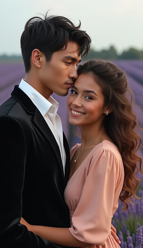  Create a realistic image of a guy with a round face and black hair ,  dressed in a white shirt and a black velvet jacket ,  who gently hugs a girl in a delicate peach blouse with curly light chocolate long hair.  They both smile softly . The background is a lavender field .  They are of European appearance .
Крупный план, смотрят вперёд, оба смотрят в камеру