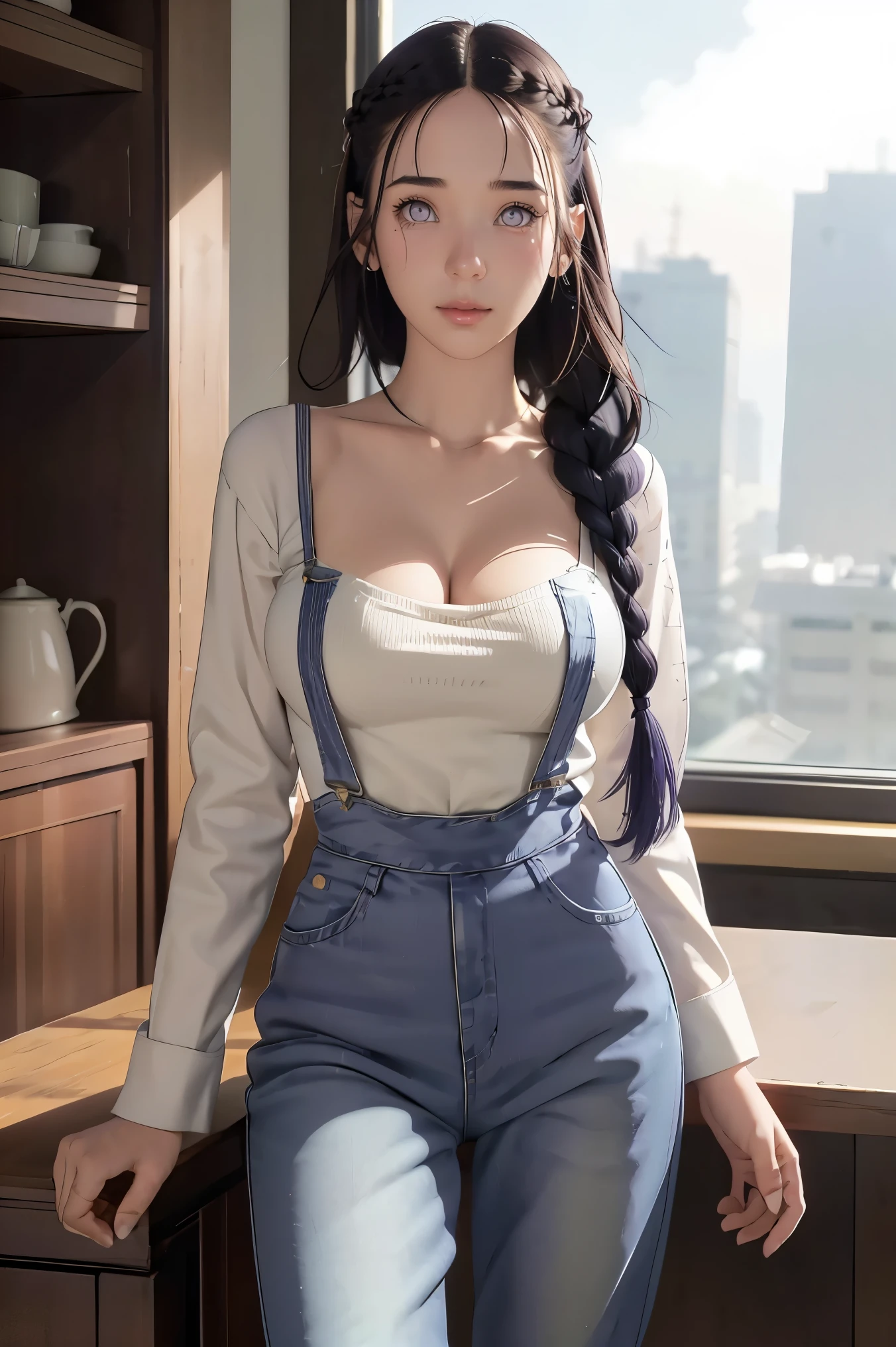 tmasterpiece， best qualityer， ultra - detailed， illustration，1girll，
long whitr hair，dark-blue hair，french braid，Purple eye，bluntbangs，cleavage，Large breasts
shirt，（jeans overalls：1.1），
mideum breasts， 
looking at viewert，hyouka/（Boruto/），Detailed lips