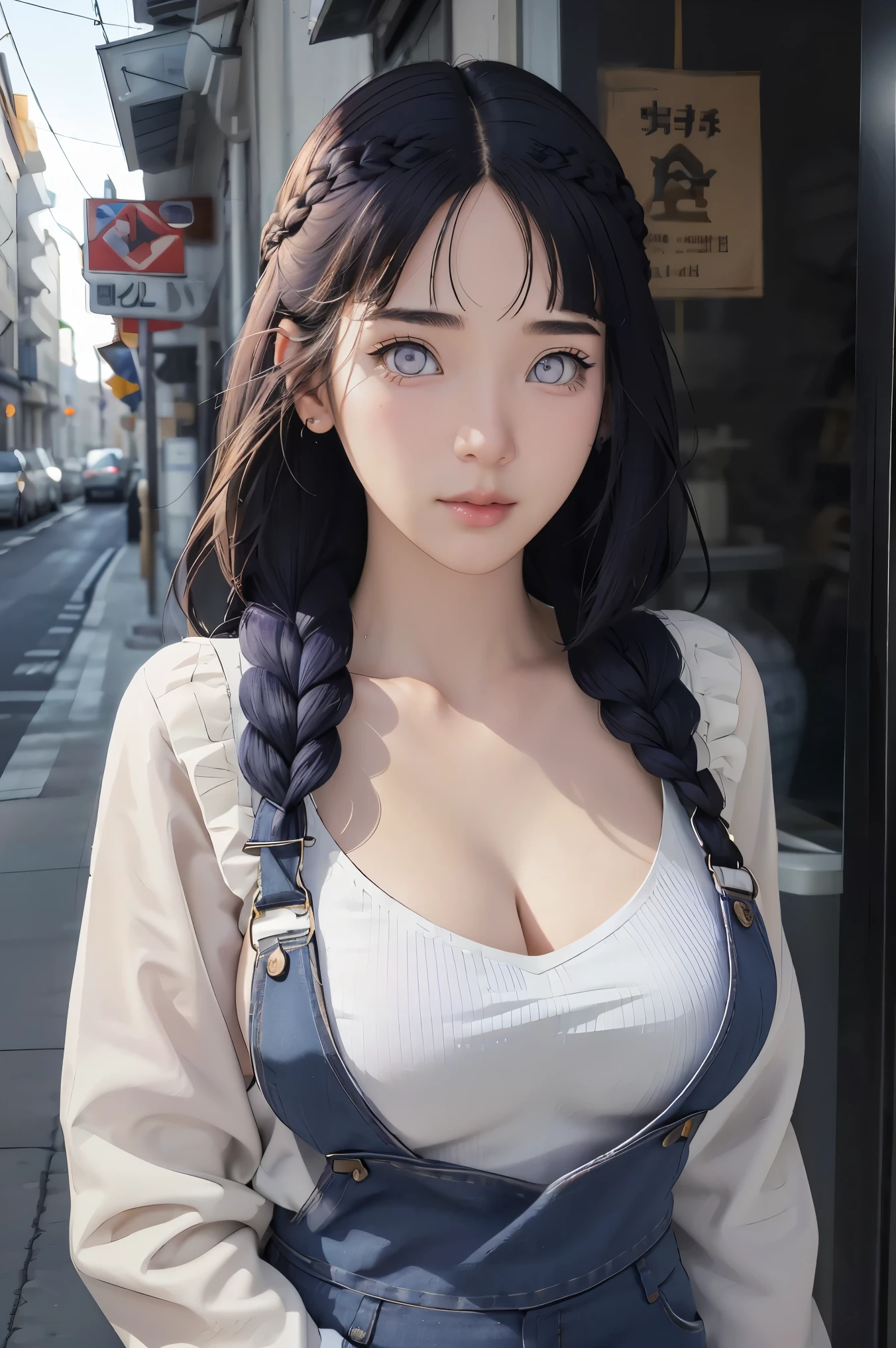 tmasterpiece， best qualityer， ultra - detailed， illustration，1girll，
long whitr hair，dark-blue hair，french braid，Purple eye，bluntbangs，cleavage，Large breasts
shirt，（jeans overalls：1.1），
mideum breasts， 
looking at viewert，hyouka/（Boruto/），Detailed lips