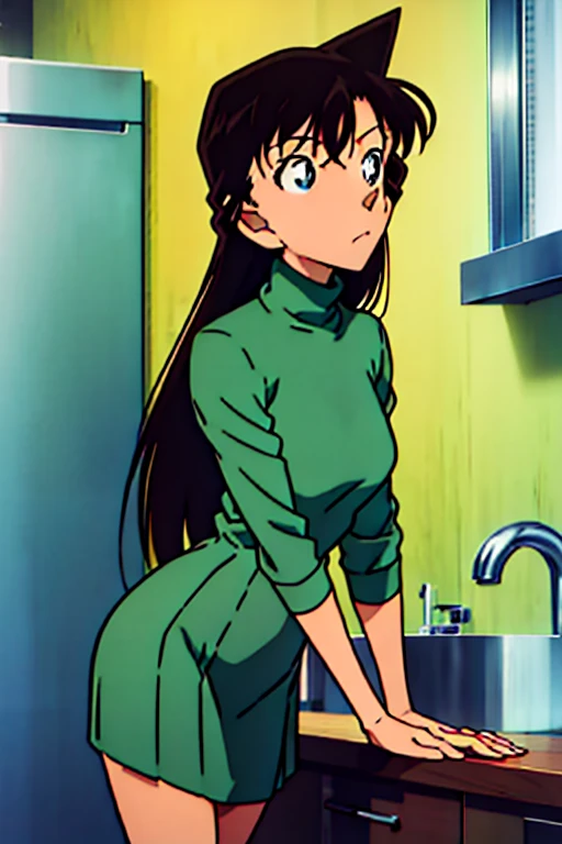 {{{Long Hair}}},{{{official style }}},{{{adult}}},Green dress, Turtleneck Green Tight Skirt , {  Light green  Cropped mini Jacket },  Green socks,sink,laundry,kitchen,bringing upper body to the sink,open, Back of Person Leaning Forward 