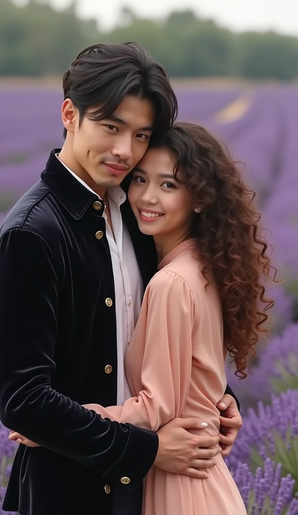  Create a realistic image of a guy with a round face and black hair ,  dressed in a white shirt and a black velvet jacket ,  who gently hugs a girl in a delicate peach blouse with curly light chocolate long hair.  They both smile softly . The background is a lavender field .  They are of European appearance .
смотрят вперёд, оба смотрят в камеру