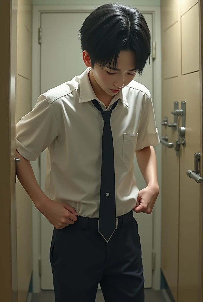 A full body photo of the Young handsome teenage 18 years old Thai half Chinese boy, white skin tone, smooth face, dark eyebrows, small eyes, double eyelids, high nose, nice pink lips, smiling, short brown hair, wet hair, slim and thin body, good figure, no six pack,Sharp face,Wear an unbuttoned white shirt, wearing blue Tanga underwear, not wearing a trousers, standing in a room with sunlight shining in during the day, the feeling looks cool and comfortable, there are trees outside the window.he stay in this room with his friend who wearing a black suit,#cmnn