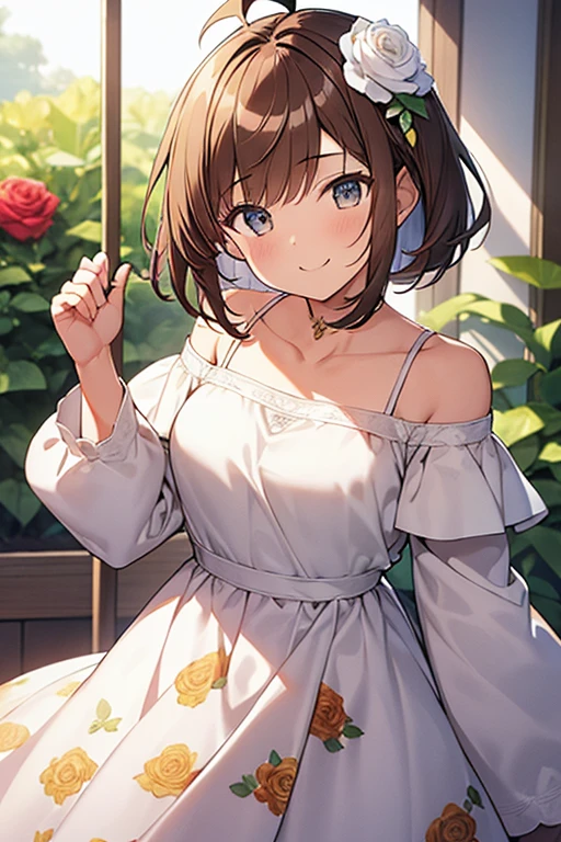 masterpiece, (detailed, highres, best quality), 1girl, <lora:spnozomiNatsuki:1> prnatsukidef, :d, arm up, blush, hand up, looking at viewer, smile, solo, flat color, food, indoors, plate, pov across table, restaurant, sketch, spoon, window, choker, collarbone, dress, hair ornament, hat, polka dot, scrunchie, strap slip, sun hat, sundress, white dress, wrist scrunchie