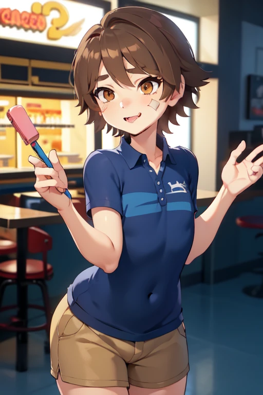 FNaFGregory,short shorts,croptop,1 , Adorable Detailed Face, FNAF Gregory, inside a detailed arcade pizzeria, (excited blush, smile lip gloss, detailed Band-Aid on the cheek of the face), (chin length brown hair, beautiful brown eyes), (Blue polo shirt with two horizontal stripes, tan cargo shorts), chiaroscuro, bright colors, big thighs, tongue out, open mouth, big ass, provocative pose, semen, flat chest, ugly adult men around, drooling, torn shirt,anal sex in folded form