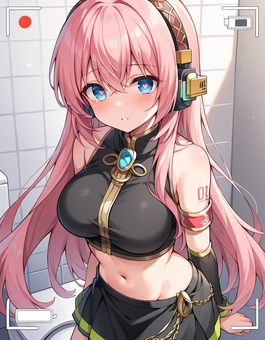 
(masterpiece、Realistic)，(Completely naked)、toilet， Big Beautiful Eyes 、 perfect anatomy，Urinating，Big Breasts， Body Covered With Cum， bukkake，Heart shaped pupil， Obscene Sound Effects， viewfinder，Empty Eyes，vocaloid4 outfit,，luka megurine , blue eyes, headphones, long hair, pink hair,
arm warmers, armband, bare shoulders, black shirt, black skirt, crop top, midriff, navel, shirt, shoulder tattoo, single arm warmer, skirt, tattoo, Rape