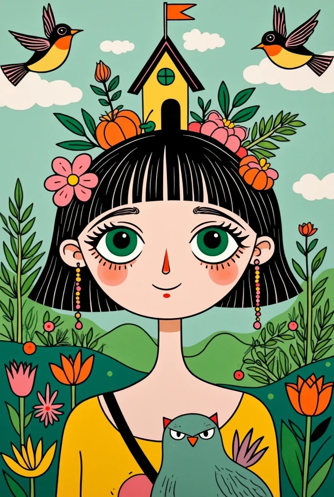  A pretty girl with green eyes ， with an elegant headband ， The hair adorns the elements of nature and the house ，With a house on her back ， with a house on her head ， The background is dense trees and rolling hills。 hand drawn illustration style， cute cartoon design ，Green Palette， Birds fly around her face ， The swallow rests on his shoulder ， by Hsiao Ron Cheng 
